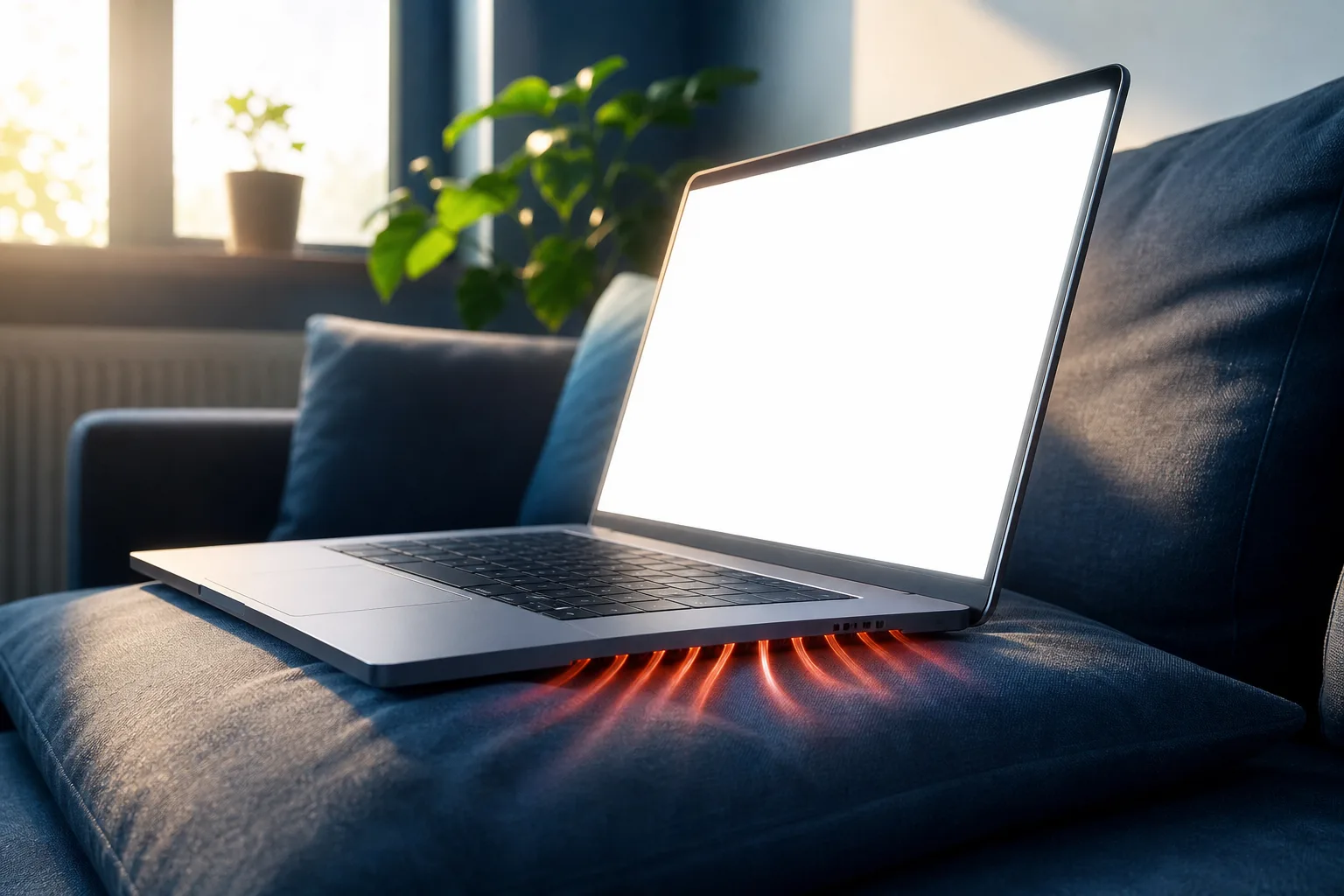 Laptop sobre un cojín azul de sofá con las rejillas de ventilación bloqueadas y brillando en rojo por el calor, pantalla blanca brillante y una ventana soleada al fondo