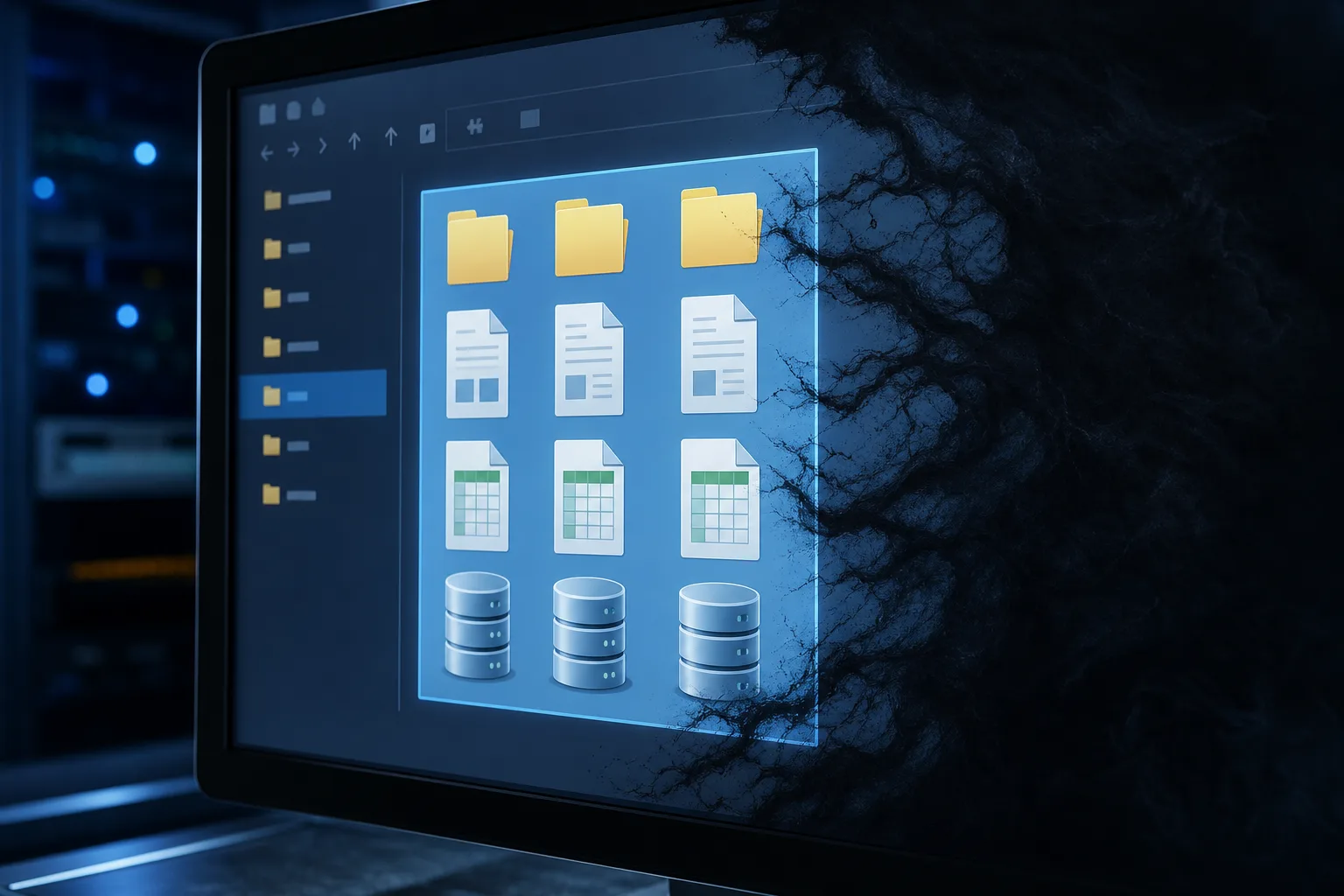 Monitor de computadora en una sala de servidores oscura que muestra un explorador de archivos con íconos de carpetas, documentos, hojas de cálculo y bases de datos resaltados