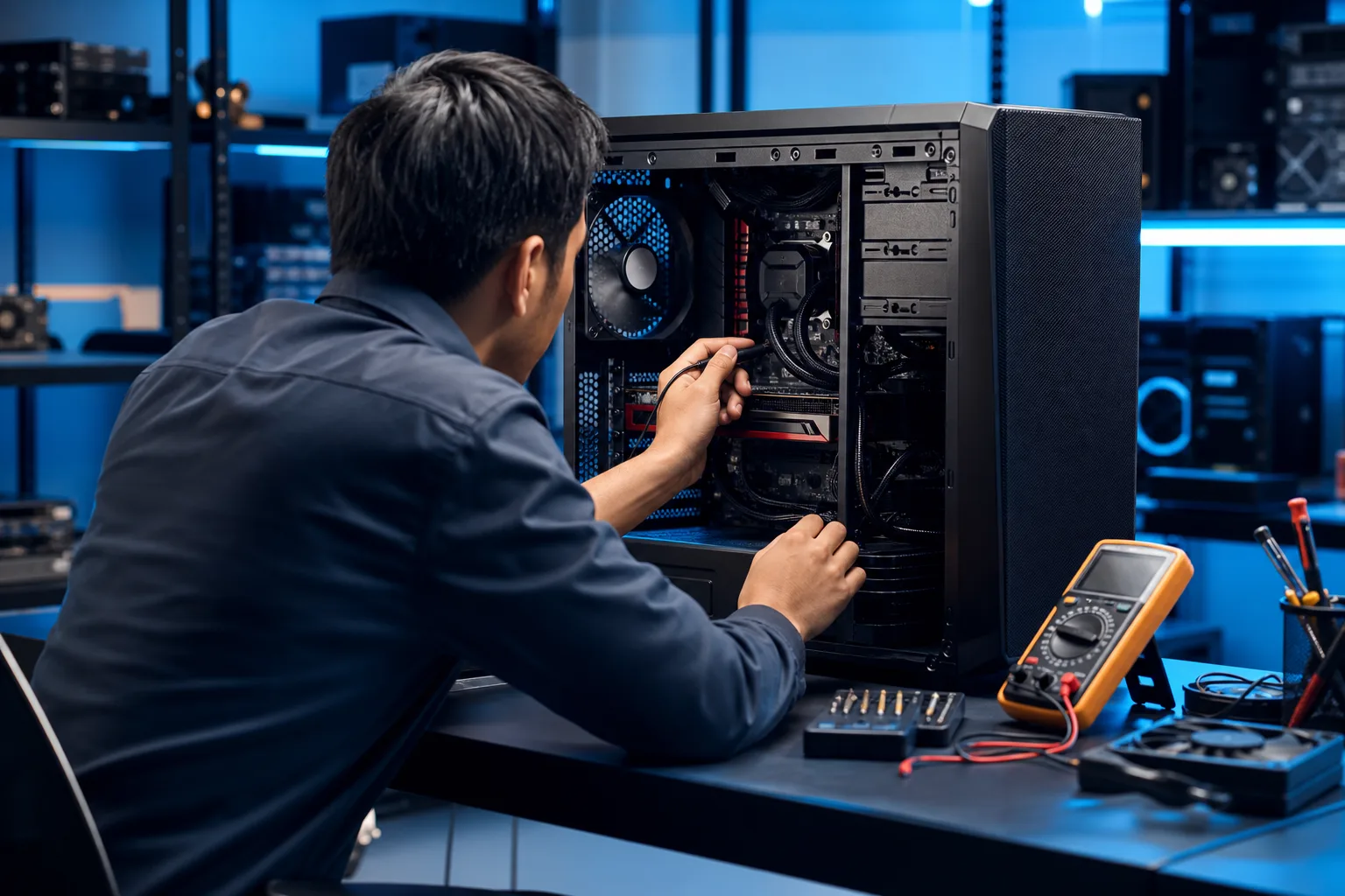 Técnico trabajando dentro de una torre de PC de escritorio negra abierta sobre una mesa de trabajo, con un multímetro y herramientas cerca, en un taller de reparación iluminado con luz azul.