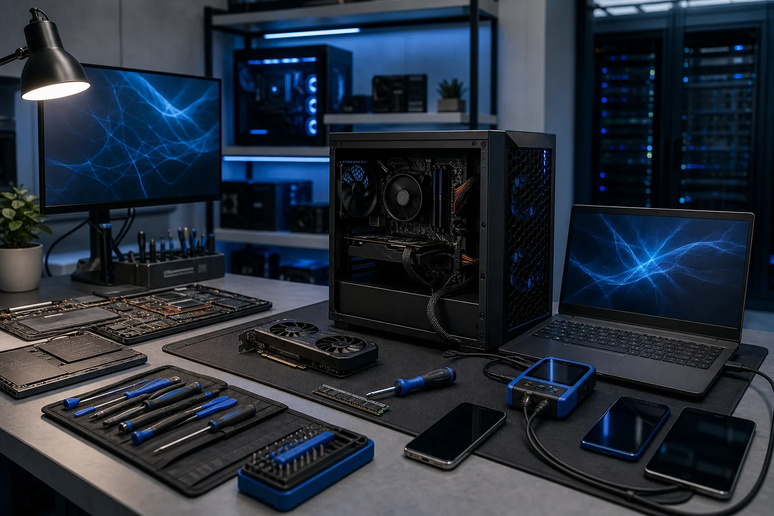 Tech workbench with open PC case, GPU, RAM, screwdrivers, laptop, smartphones, and external drive under blue lighting Tech workbench with open PC case, GPU, RAM, screwdrivers, laptop, smartphones, and external drive under blue lighting