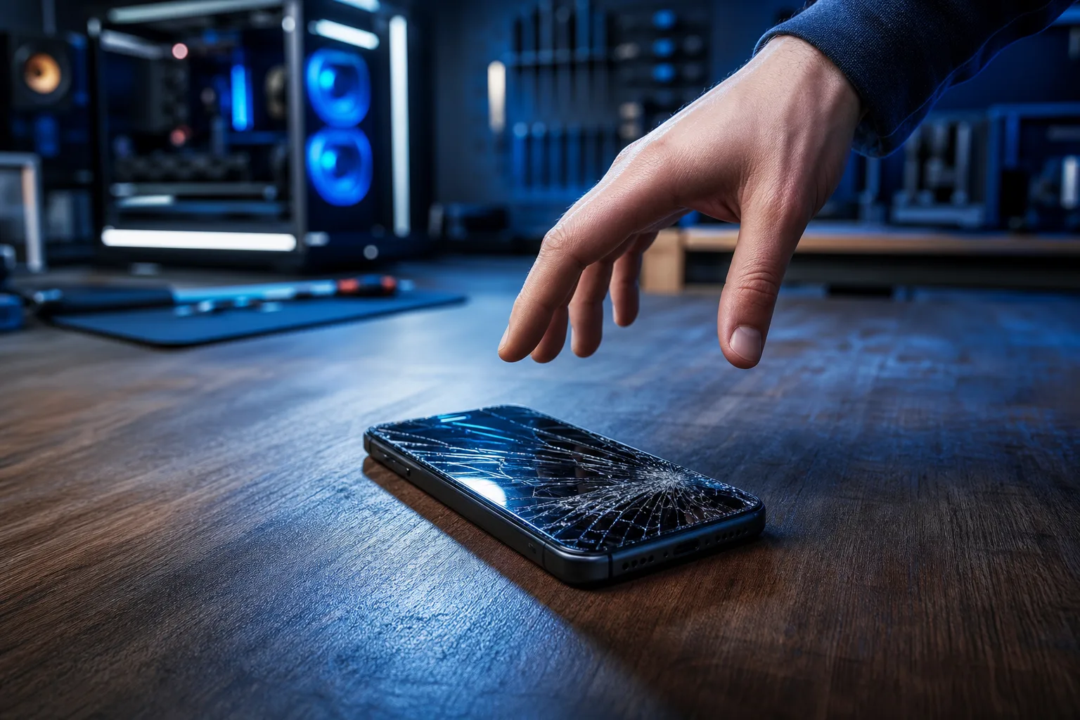 A hand reaching toward a cracked-screen smartphone lying face-up on a wooden table in a blue-lit tech workspace.
