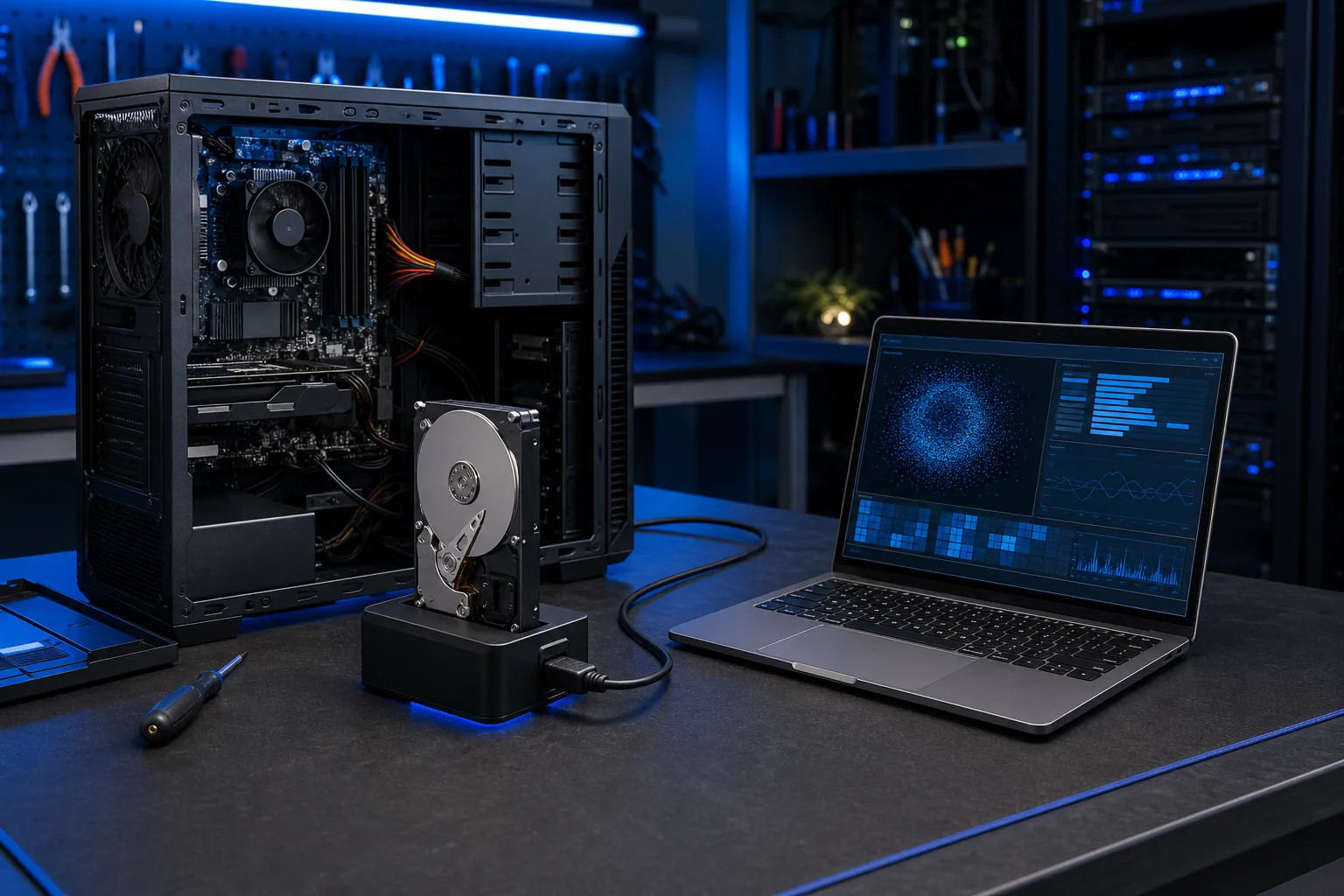 Torre de PC de escritorio abierta sobre una mesa de trabajo oscura, junto a un HDD retirado conectado mediante una base USB a una MacBook que muestra datos analíticos.