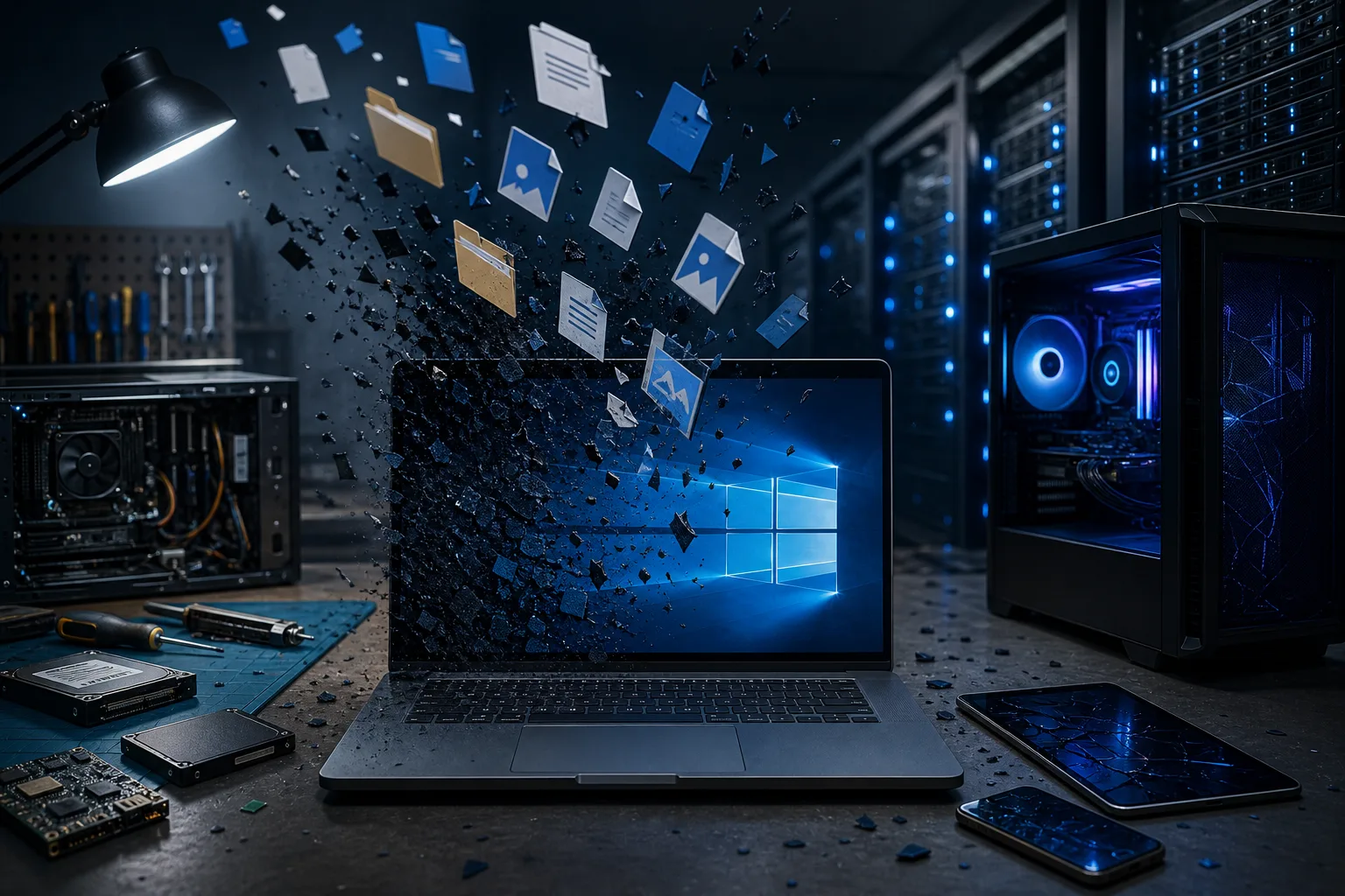 Laptop showing Windows logo with files and folders flying out, surrounded by PC hardware, server racks, and repair tools.