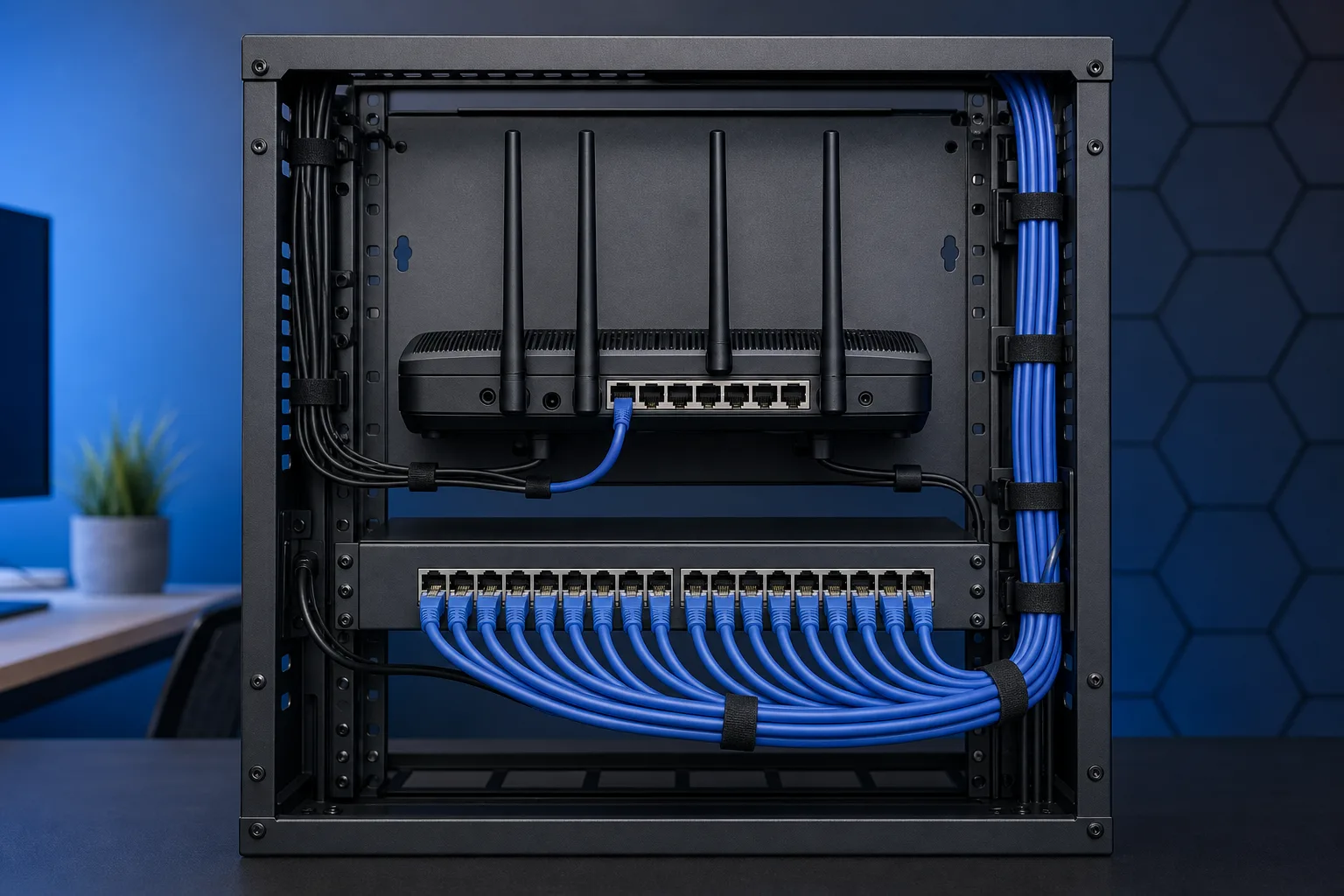 Small network rack with wireless router and 24-port patch panel connected by neatly organized blue Ethernet cables.