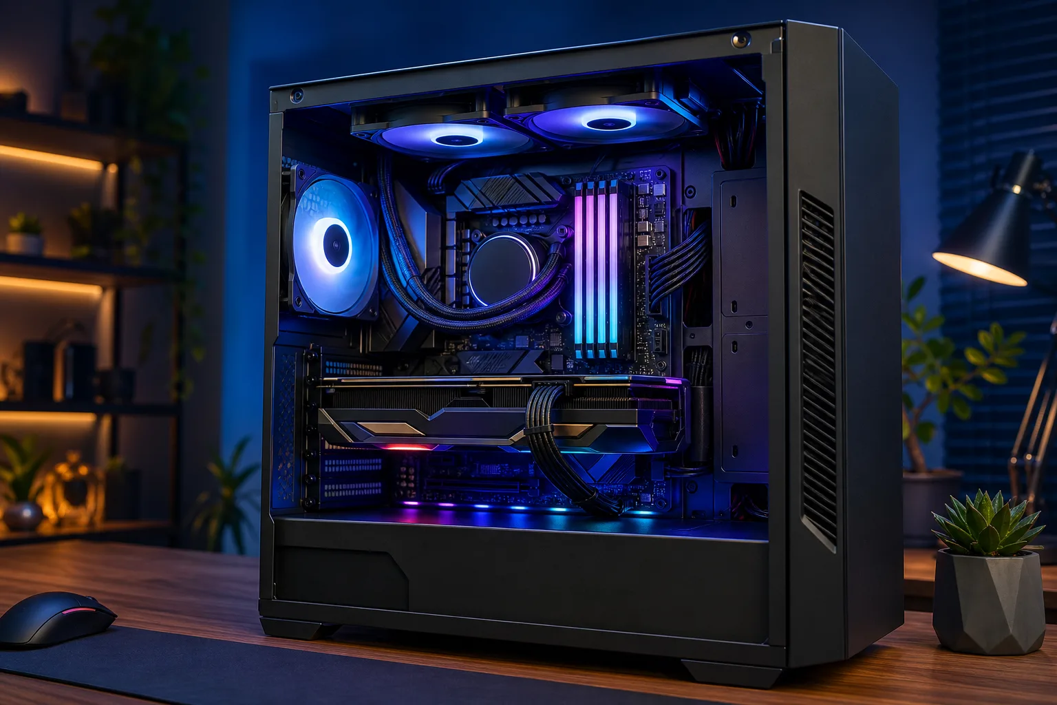 Black mid-tower gaming PC with tempered glass panel showing AIO cooler, RGB RAM, GPU, and ARGB fans on a wooden desk