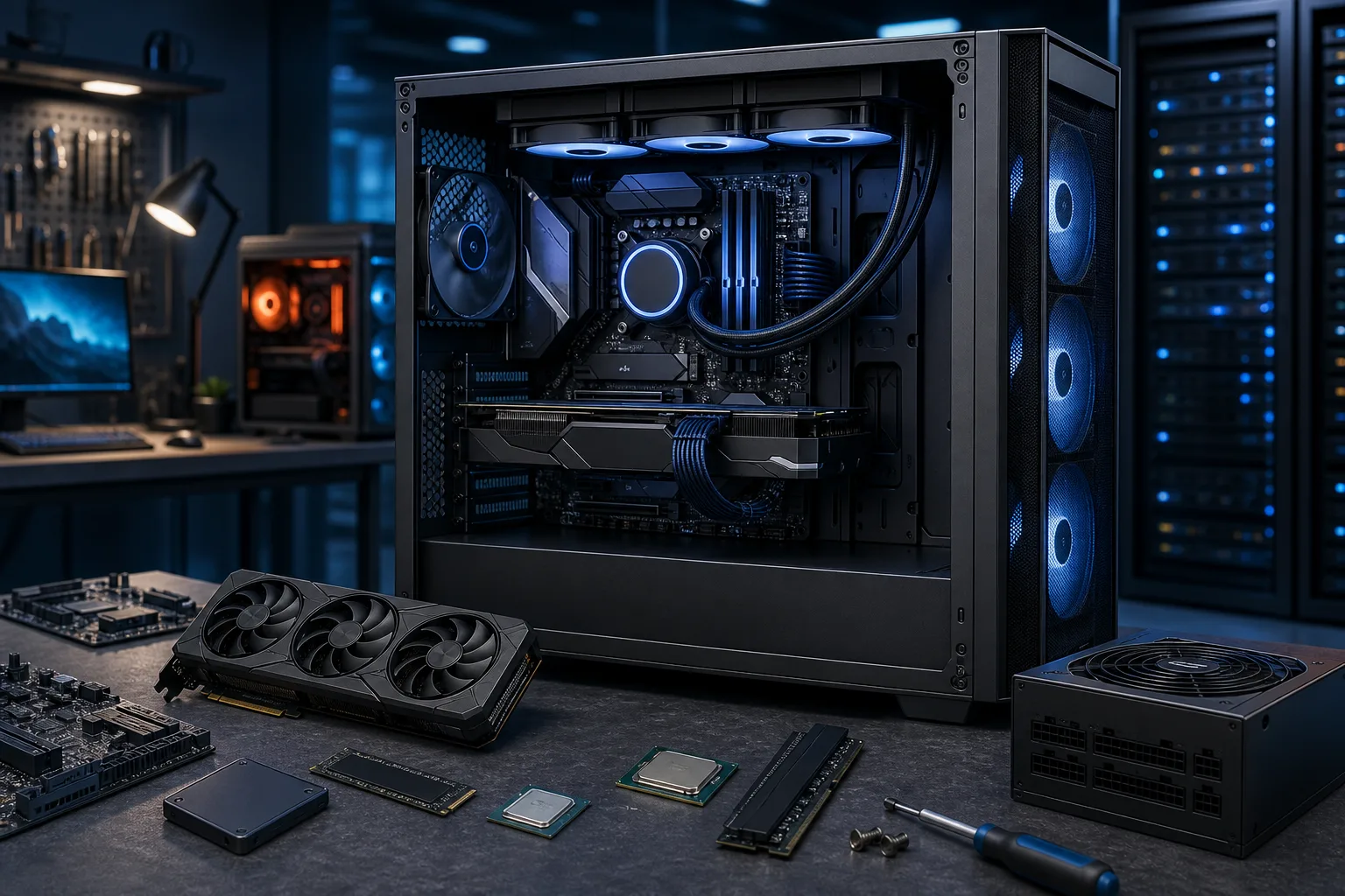 Open black ATX PC tower with blue RGB lighting, liquid cooler, and GPU; components laid out on desk nearby.