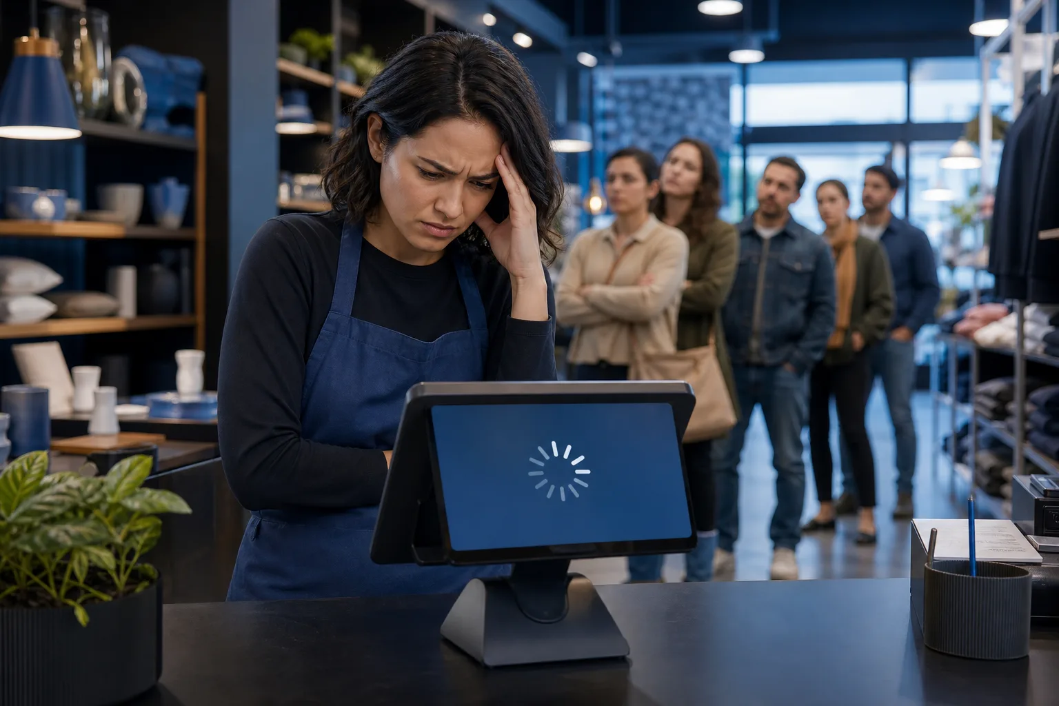 Stressed female retail worker in blue apron stares at frozen POS tablet showing loading spinner, customers queue behind her.