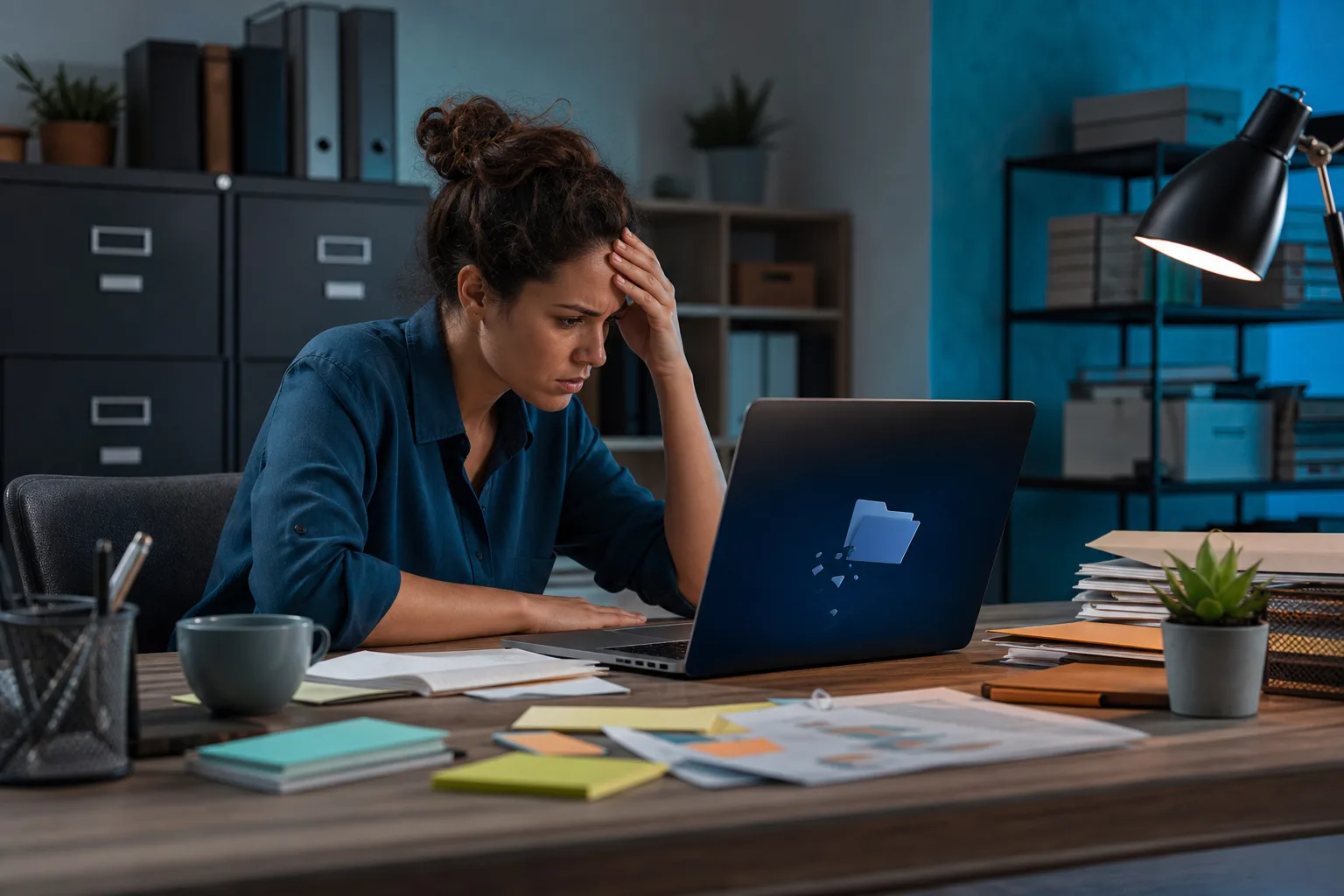 Stressed woman at cluttered desk holding her head, staring at laptop showing a folder/data error screen in dim office.