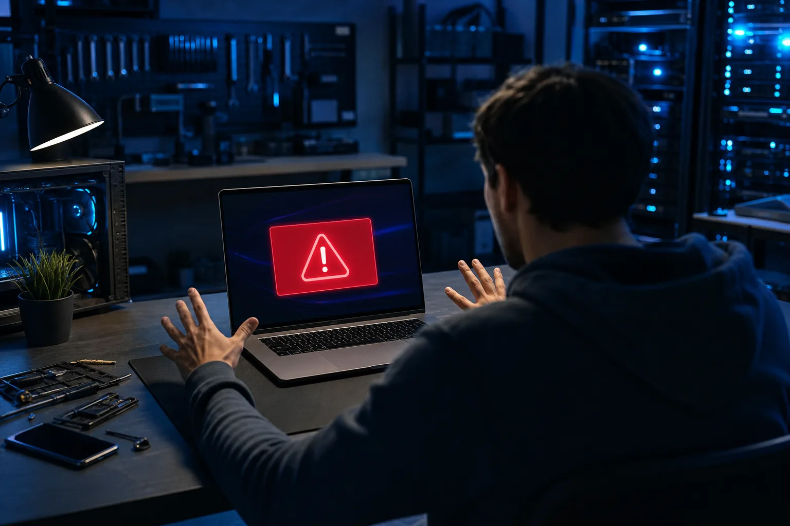 Person recoiling from laptop displaying a red warning triangle alert icon in a dark server room environment.