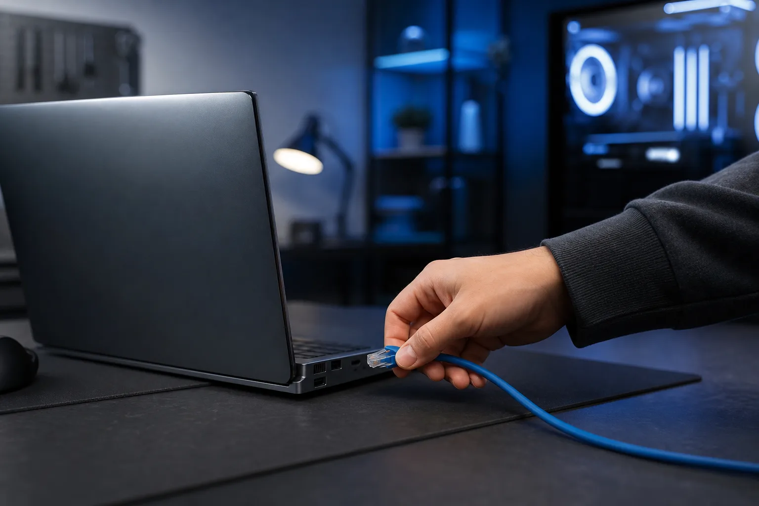 A hand in a dark hoodie plugging a blue ethernet cable into the side port of a laptop on a dark desk.