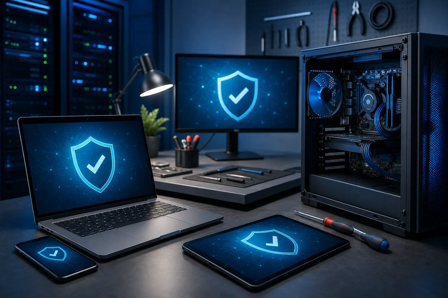 Laptop, tablet, phone, and desktop PC displaying glowing blue security shield icons on a dark tech workbench with tools.
