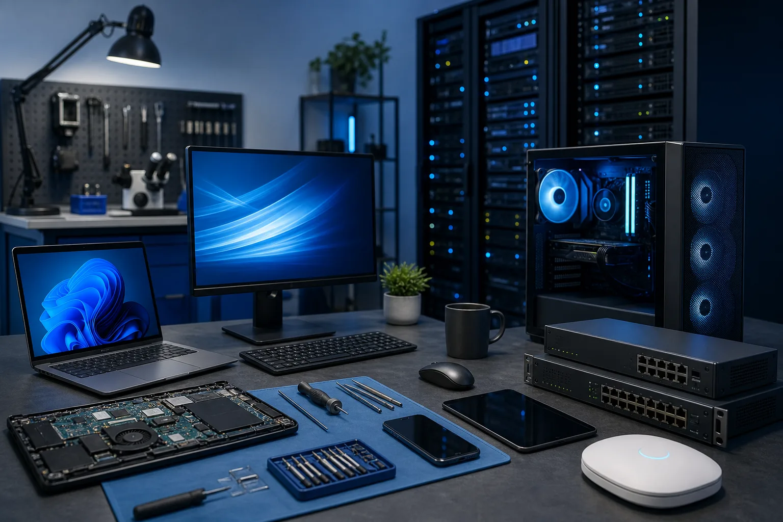 Dark blue IT workspace with laptop, desktop PC, monitor, network switches, Wi-Fi access point, tools, and server racks in background.
