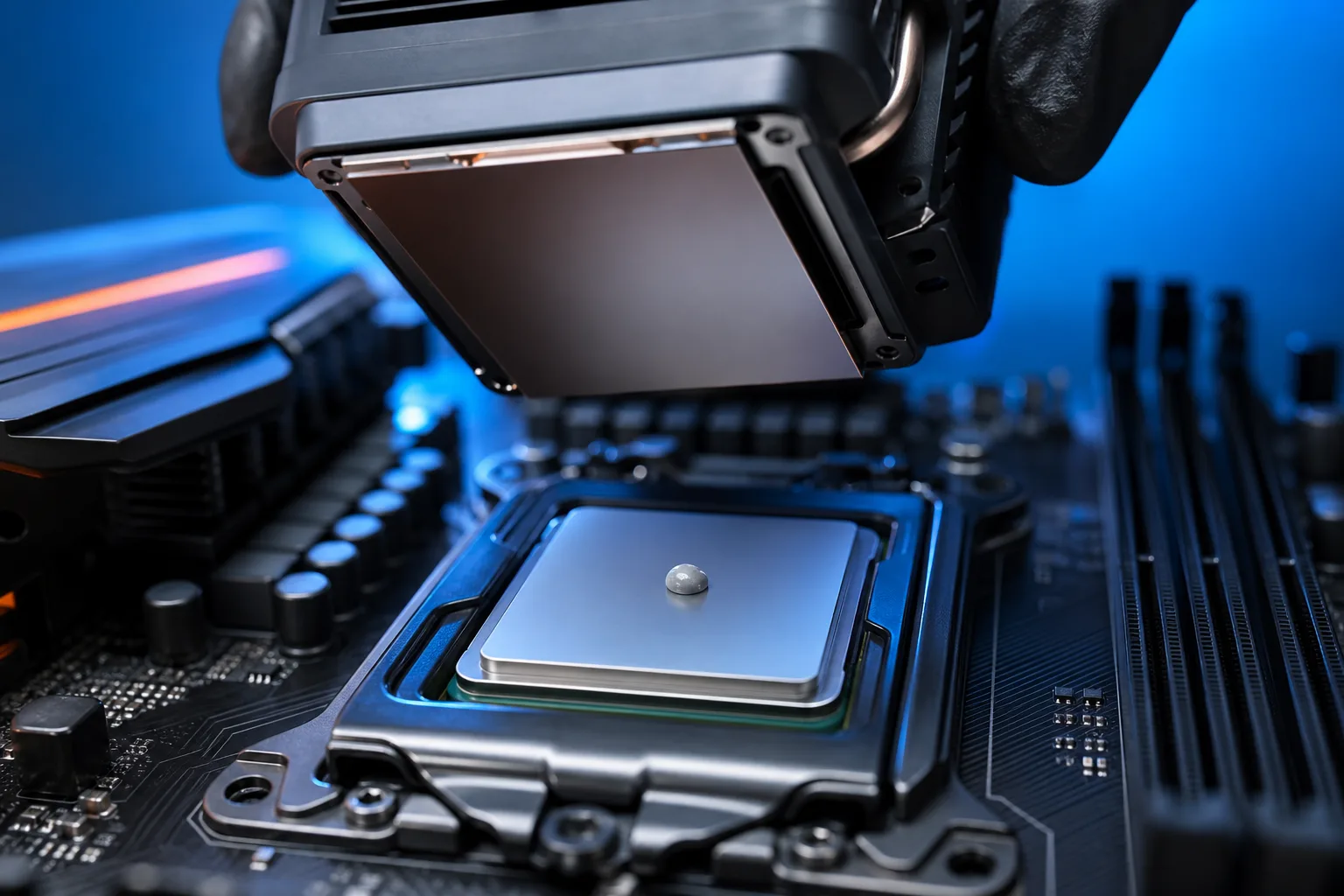 Primer plano de una CPU instalada en el zócalo de una tarjeta madre, con un punto de pasta térmica plateada en el centro y el cooler descendiendo sobre ella.