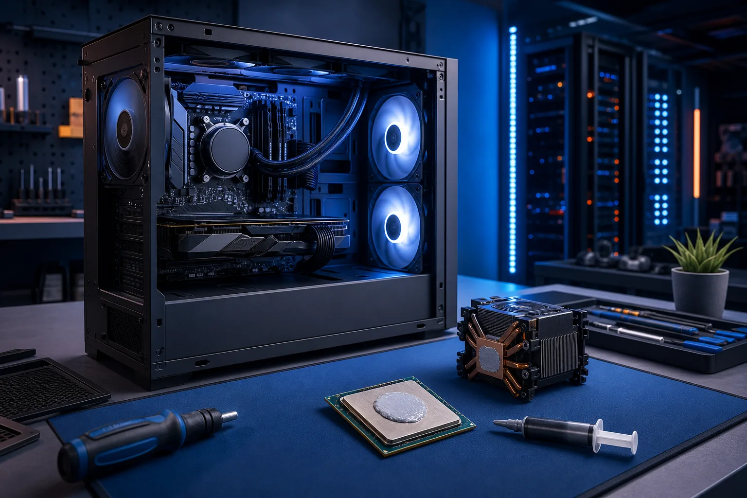 Open gaming PC case with RGB fans beside a CPU with thermal paste, CPU cooler, syringe, and screwdriver on a blue mat Open gaming PC case with RGB fans beside a CPU with thermal paste, CPU cooler, syringe, and screwdriver on a blue mat