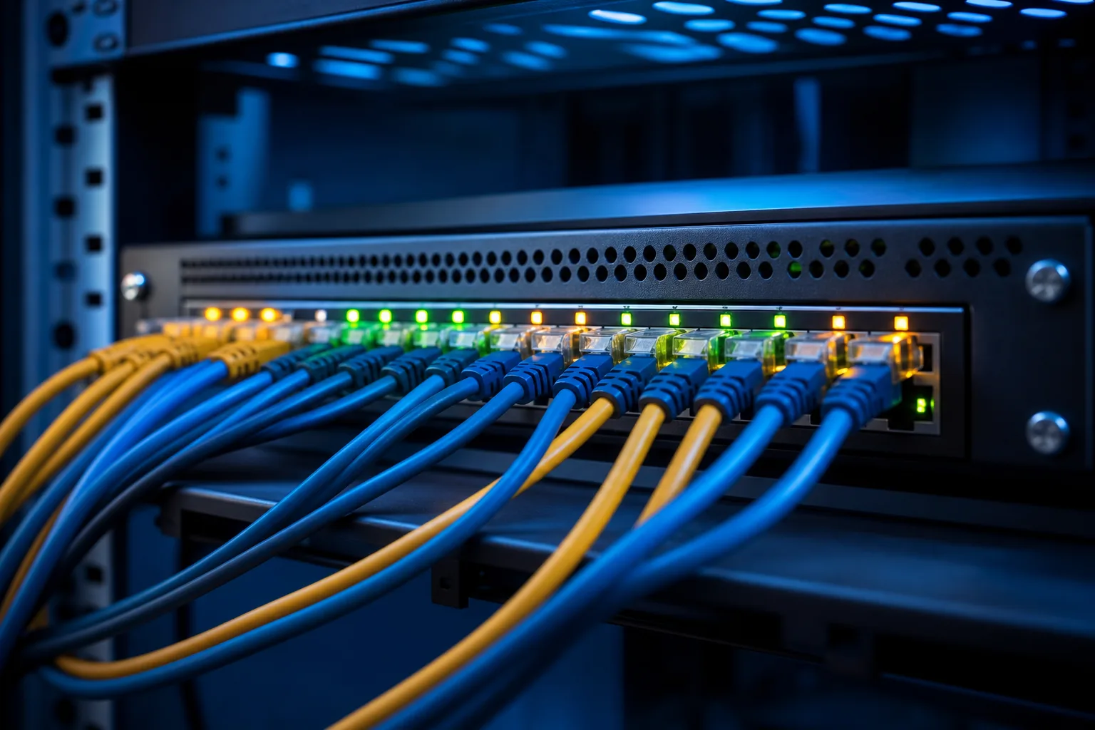 Primer plano de un switch de red montado en rack con cables ethernet azules y amarillos conectados, y luces LED indicadoras encendidas en verde y ámbar.
