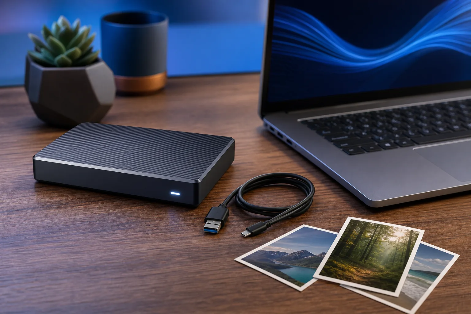 Black external hard drive with blue LED and USB-C cable beside a laptop on a wood desk, with nature photo prints scattered nearby.