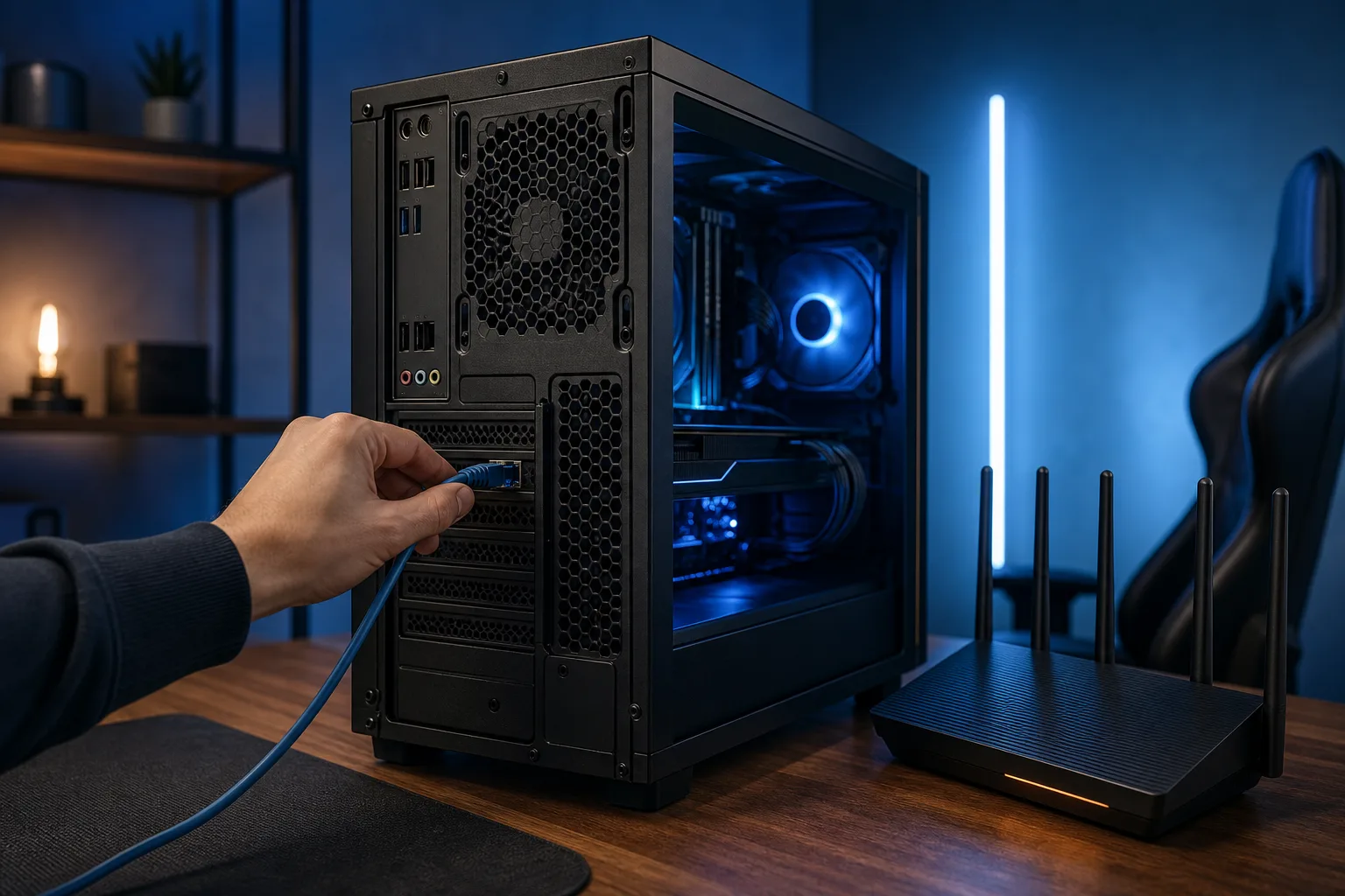 Hand plugging blue Ethernet cable into back of black gaming PC tower; Wi-Fi router and blue LED lighting visible nearby.