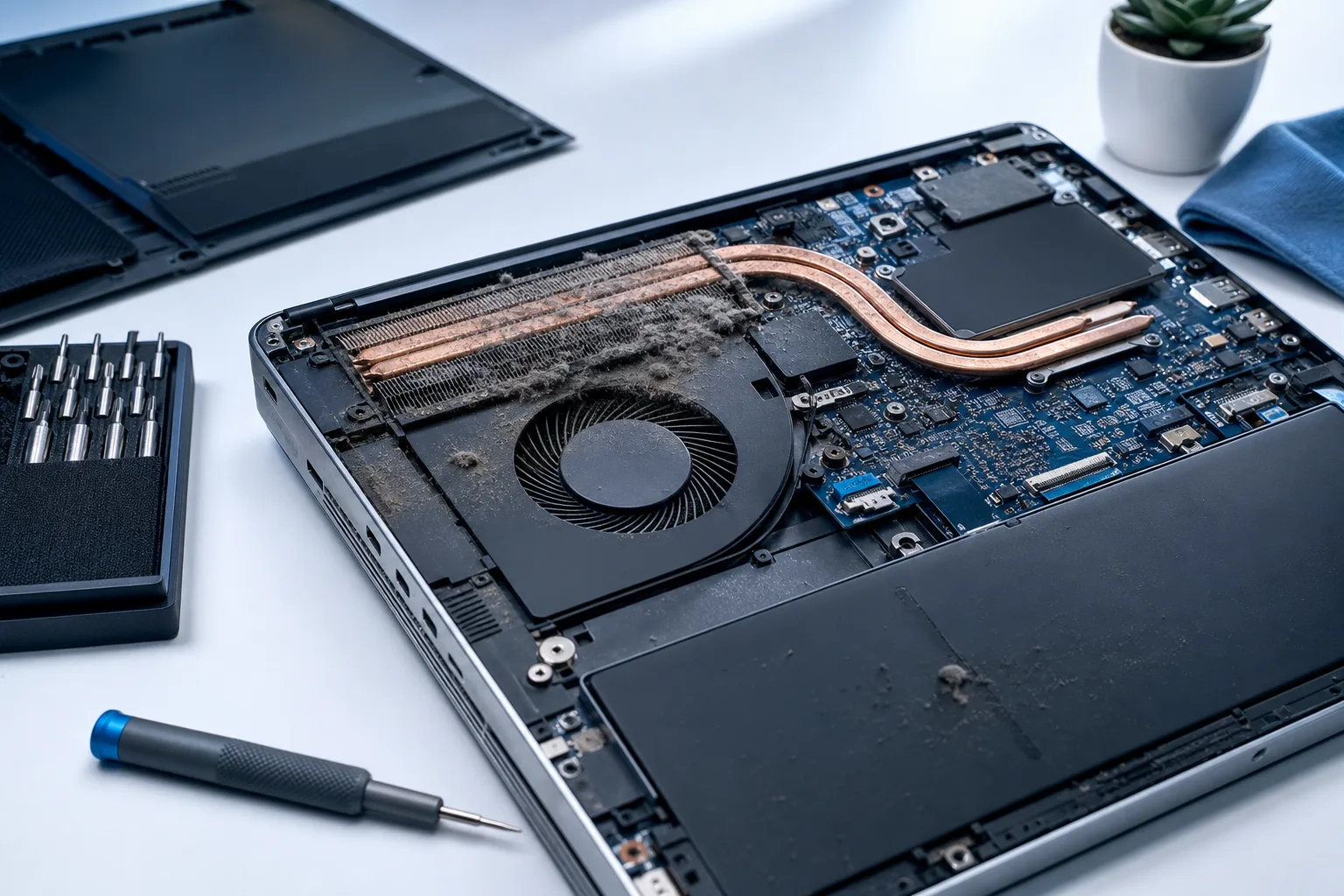 Open laptop showing dusty internal cooling fan, copper heat pipes, and blue motherboard on a white desk with screwdrivers nearby.