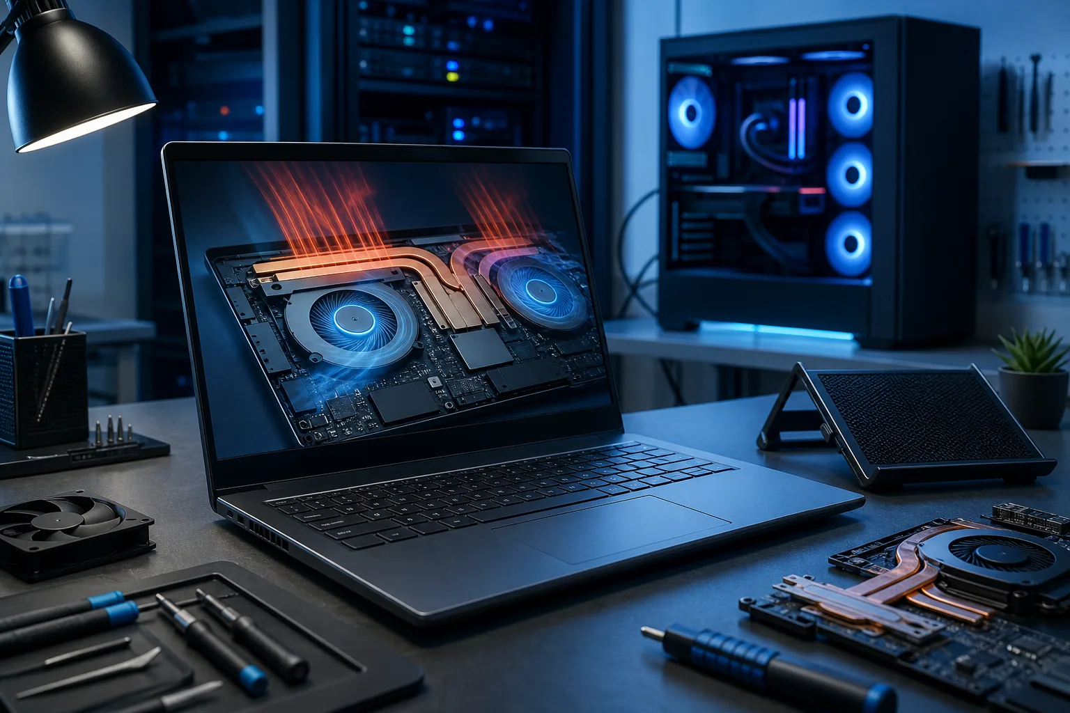 Laptop on a tech workbench displaying a cutaway thermal cooling system with glowing fans and heat pipes, tools nearby.
