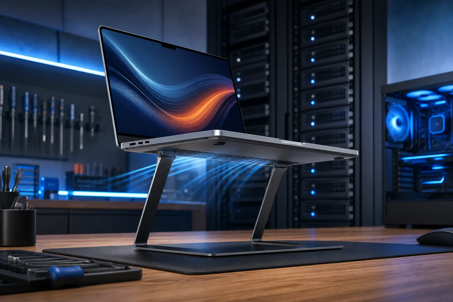 MacBook on a slim metal stand above a wooden desk, air gap visible beneath chassis, server racks and blue LED lighting in background