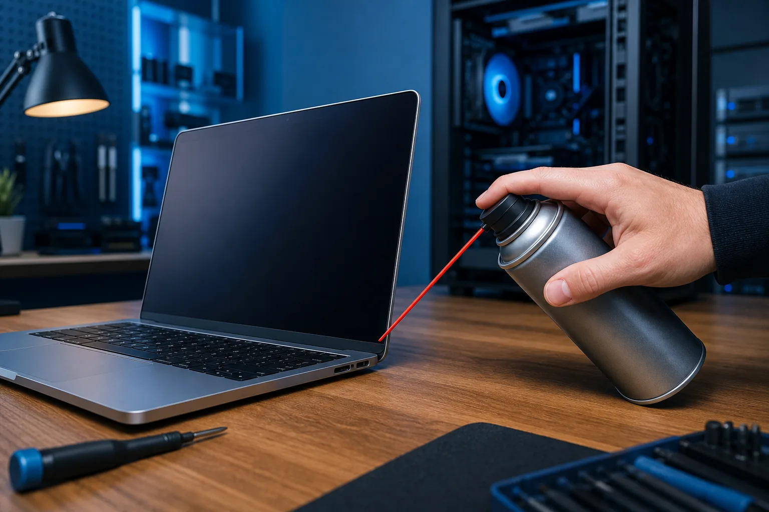 Hand holding unlabeled compressed air can aimed at open MacBook laptop on wooden desk in blue-lit tech workspace