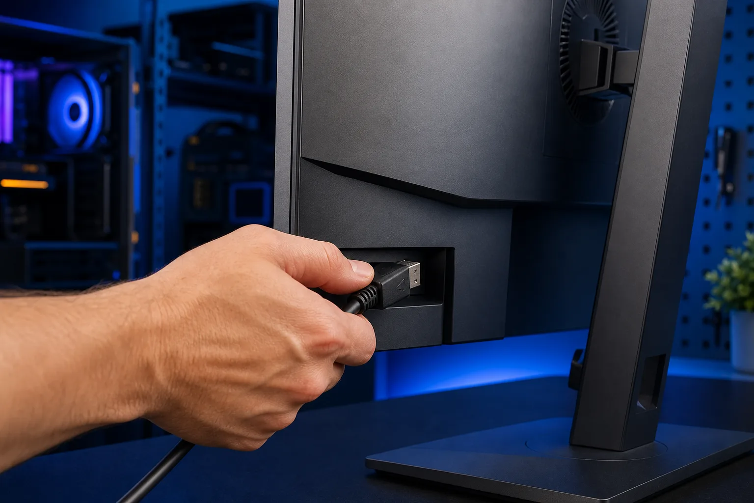Una persona conectando un cable DisplayPort al puerto trasero de un monitor de escritorio negro, con una computadora iluminada en azul al fondo.