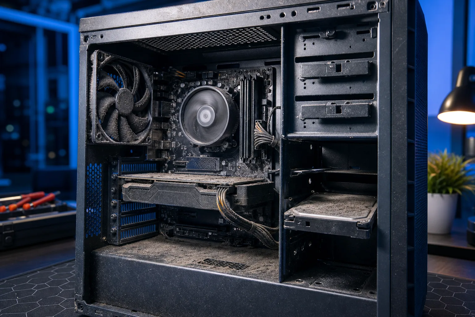 Open desktop PC case with heavy dust buildup on case fan blades, GPU, motherboard, and HDD bay components.