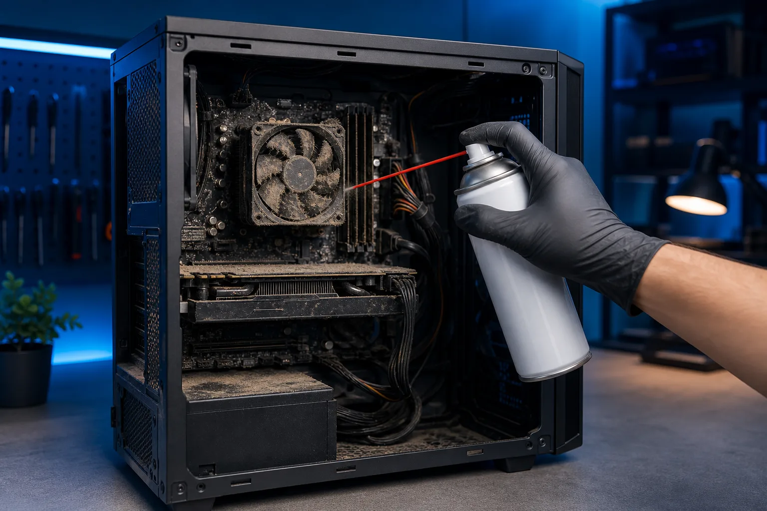 Gloved hand using compressed air can to clean a heavily dust-clogged PC interior with dirty CPU fan and components.