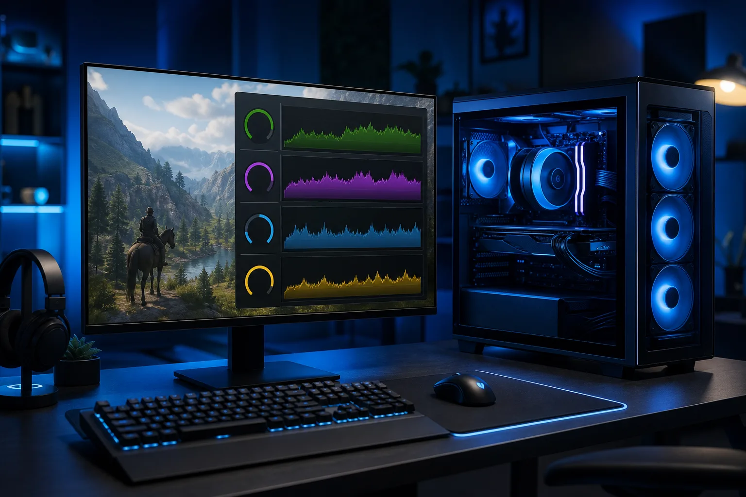 Gaming PC setup with blue RGB lighting, monitor showing game scene and colorful performance graphs, keyboard, mouse, headset