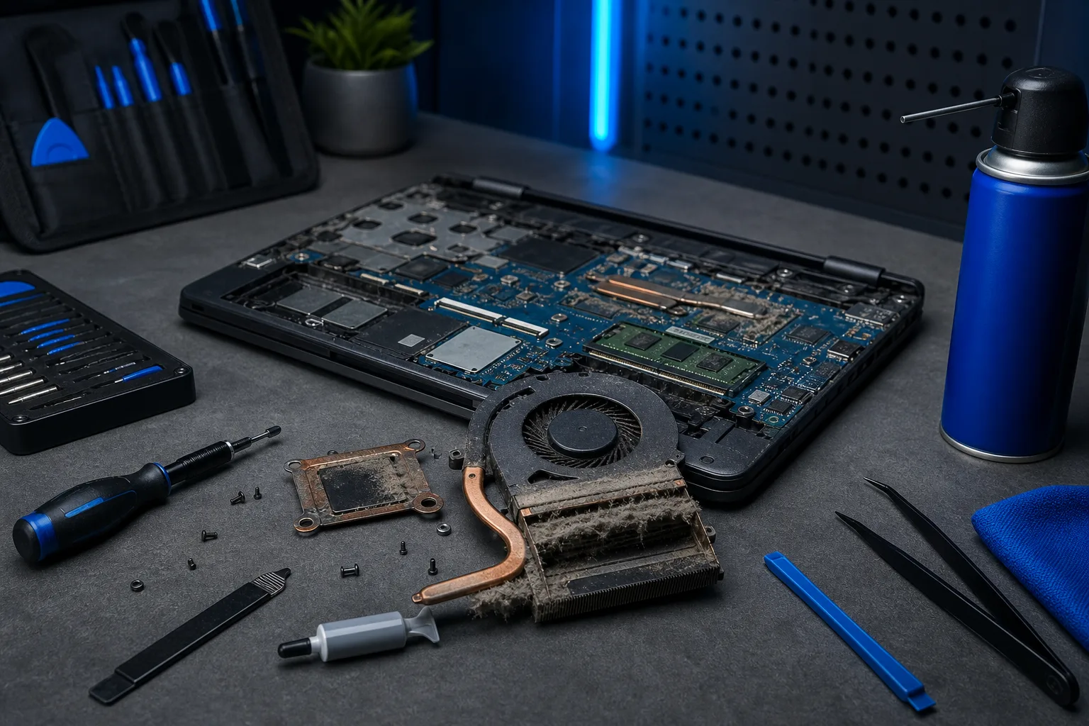Disassembled dusty laptop with clogged heatsink and fan removed, surrounded by screwdriver, tweezers, compressed air can, and tools.