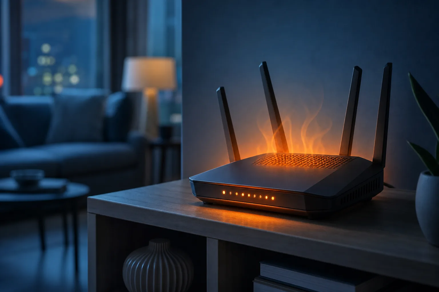 Black Wi-Fi router with four antennas emitting orange flames from vents, glowing indicator lights, on shelf in dark living room