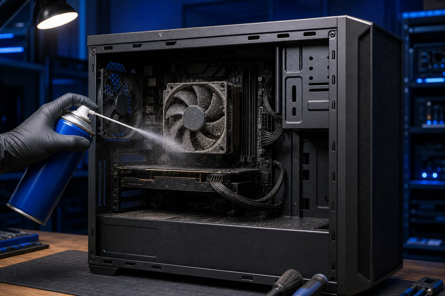 Gloved hand spraying compressed air into a dust-clogged open PC case on a workbench, targeting CPU cooler fan.