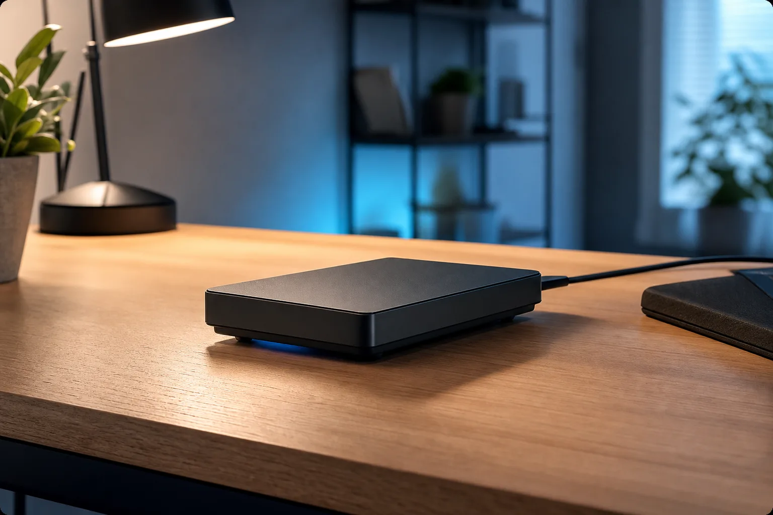 Black external hard drive with blue LED indicator and USB cable on a wooden desk, desk lamp and plants in background.
