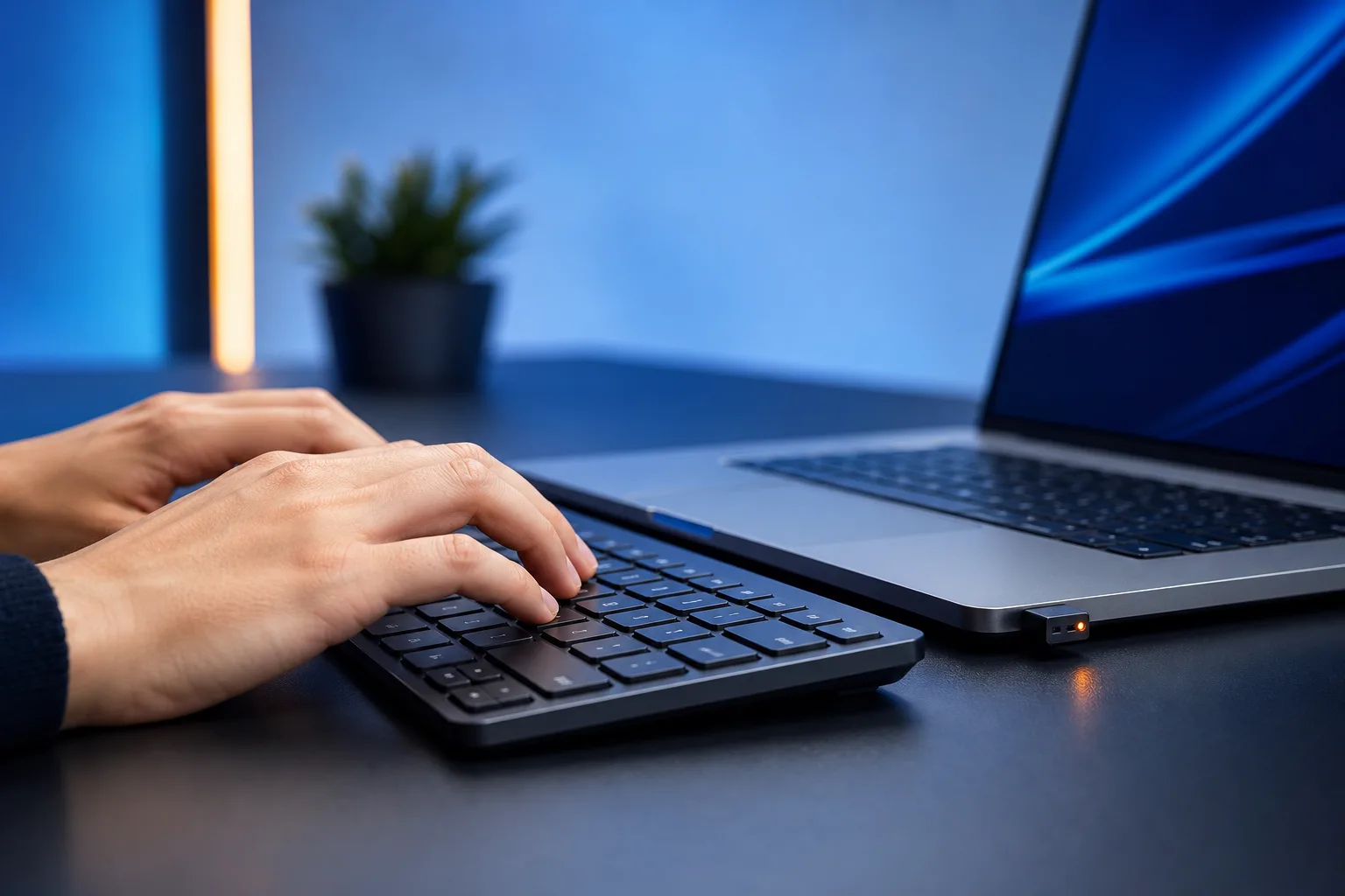 Manos escribiendo en un teclado inalámbrico oscuro junto a una laptop MacBook con un dongle USB conectado a un costado, en un escritorio iluminado de azul