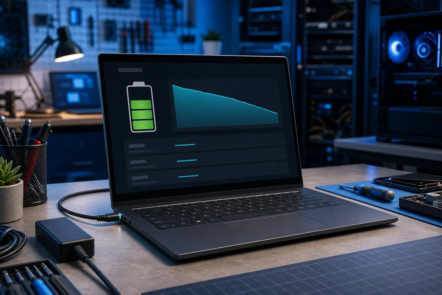 Laptop on tech desk displaying battery health dashboard with green battery icon and graph, charger plugged in, blue ambient lighting