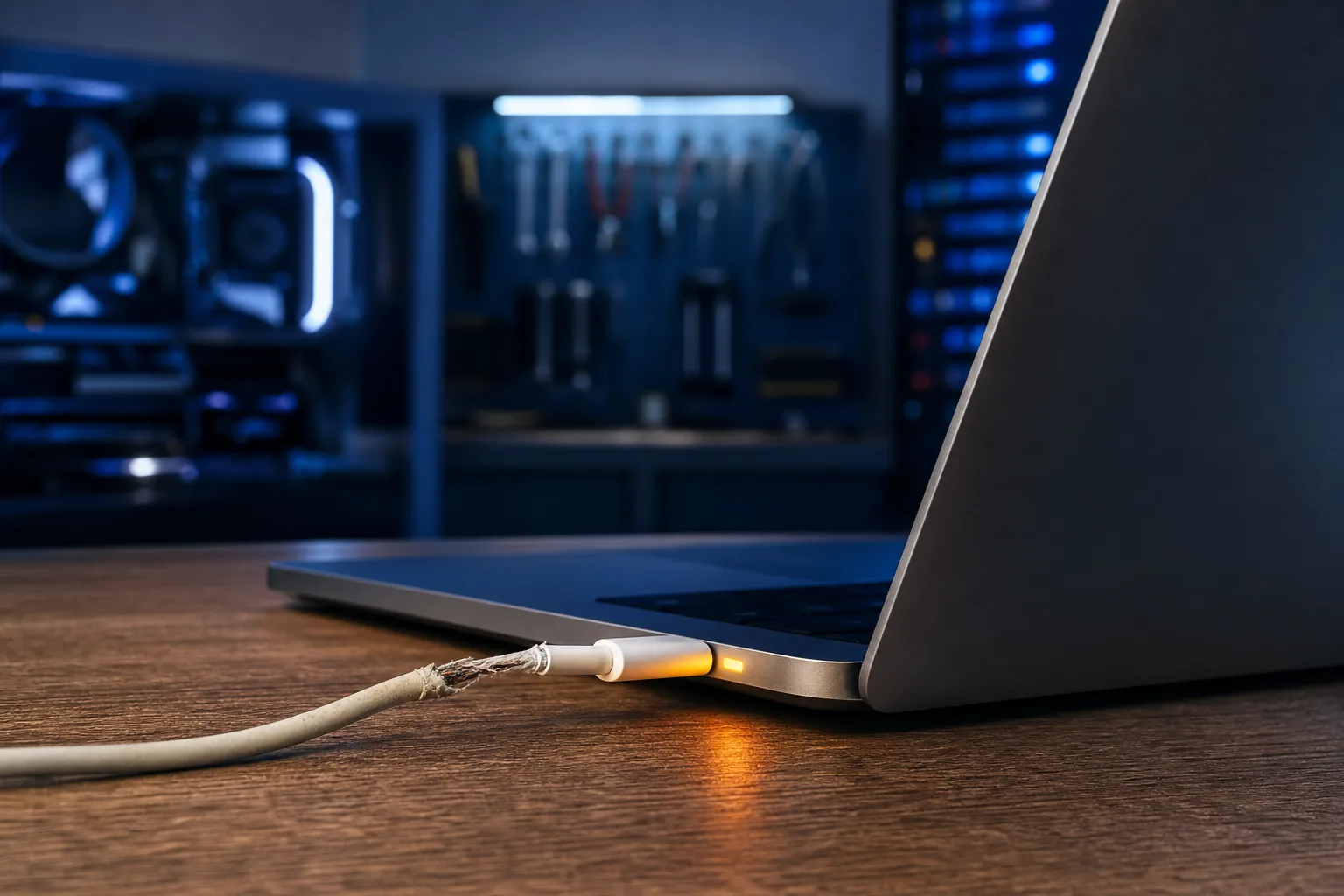 Cable blanco de carga desgastado conectado al puerto de una laptop, que emite un resplandor ámbar, sobre un escritorio de madera; al fondo se ve una torre de PC.