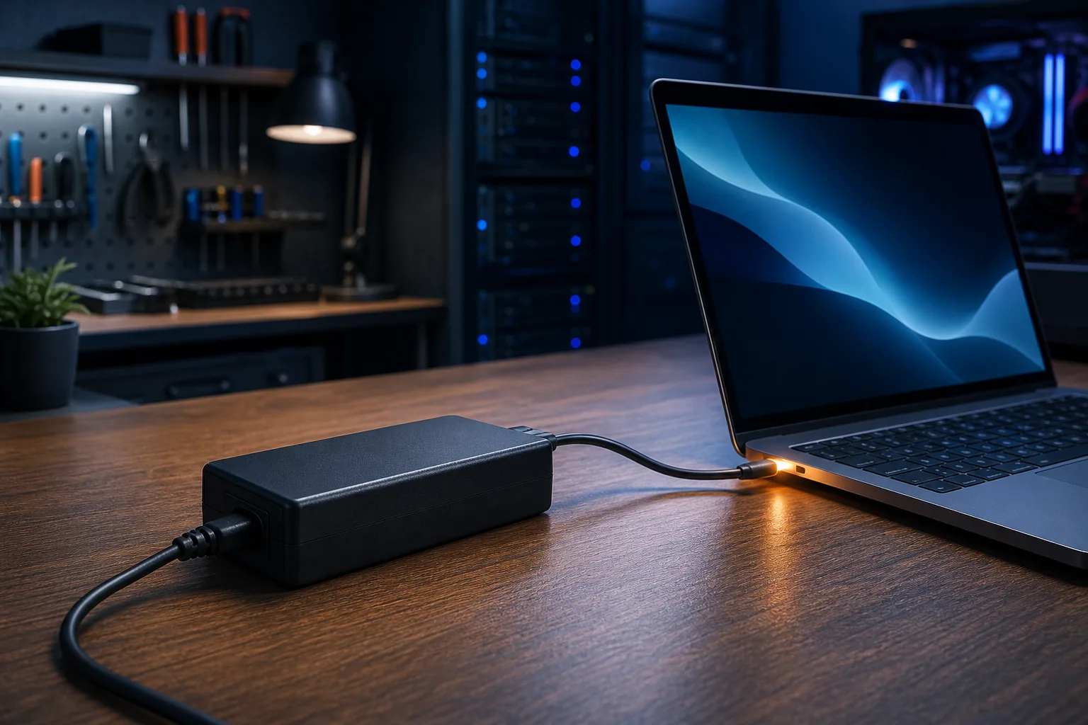 Black laptop charger brick on wooden desk connected to a slim laptop, glowing orange at the charging port, dark tech room background.