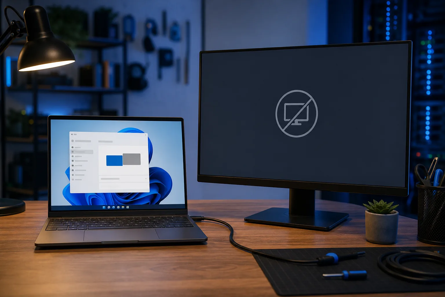Laptop running Windows 11 connected via HDMI cable to an external monitor showing a no-signal icon, on a wooden desk.