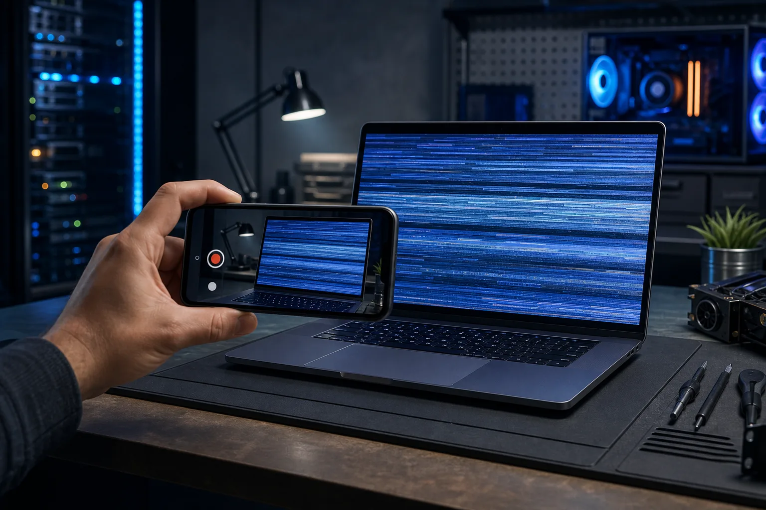 Mano sosteniendo un teléfono inteligente en modo cámara, apuntando a una laptop que muestra bandas horizontales azules, sobre un escritorio tecnológico oscuro.