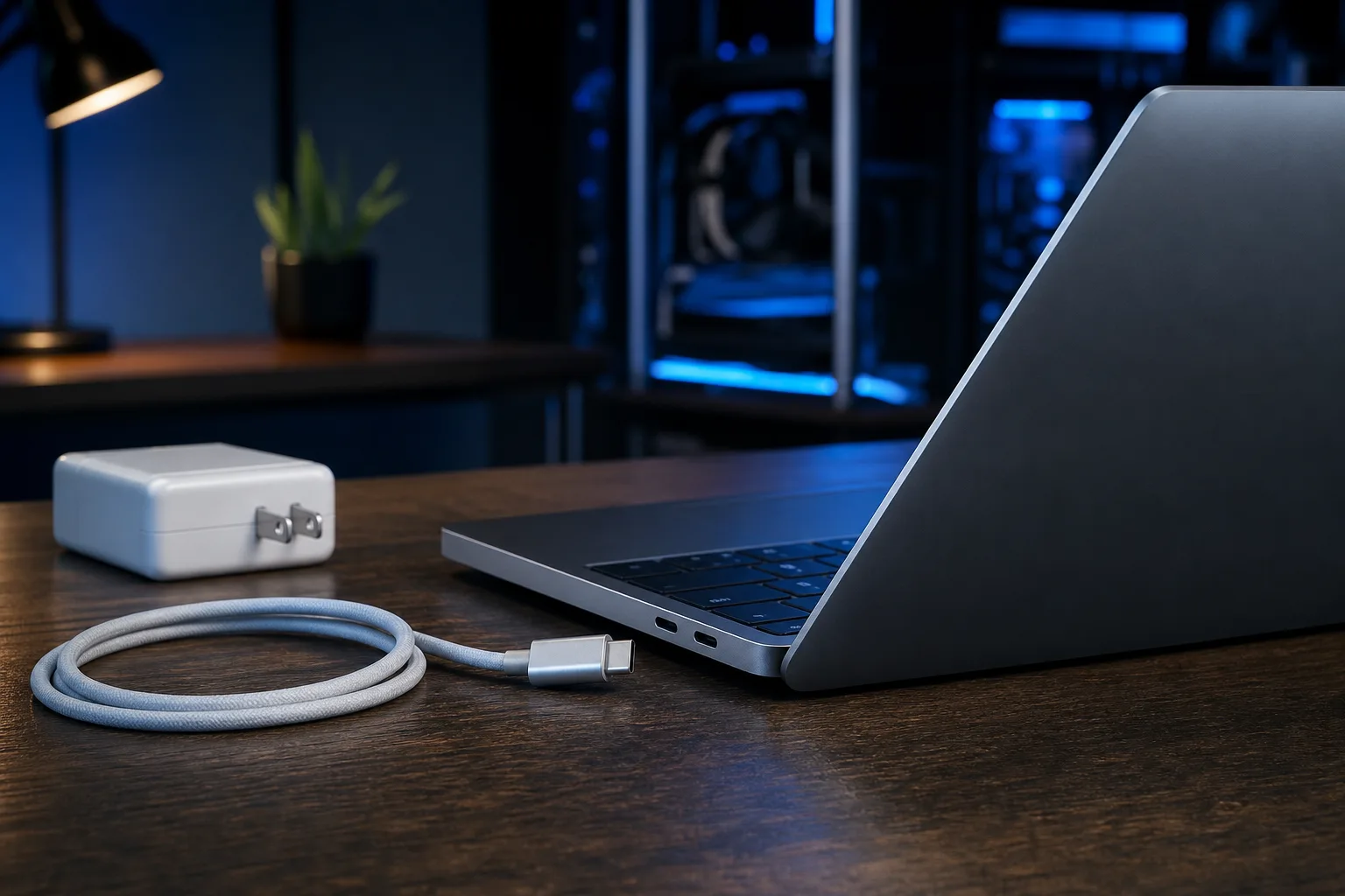 MacBook color gris espacial sobre un escritorio de madera con un cable USB-C trenzado conectado, un adaptador de corriente blanco desconectado cerca y una PC iluminada de azul al fondo