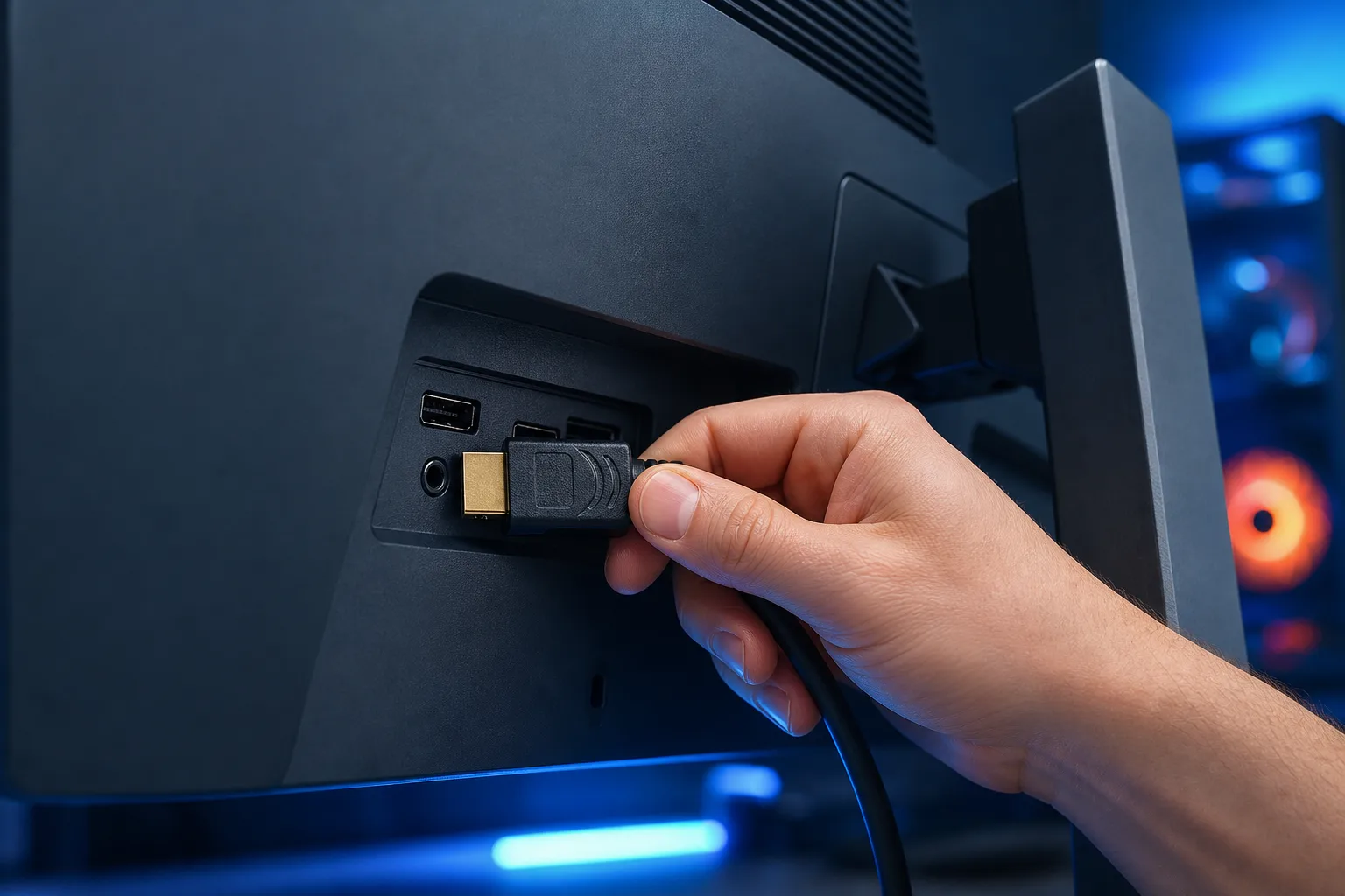 Una mano conecta un cable HDMI con punta dorada en la parte posterior de un monitor oscuro; detrás se ven puertos USB y una PC con ventiladores RGB.
