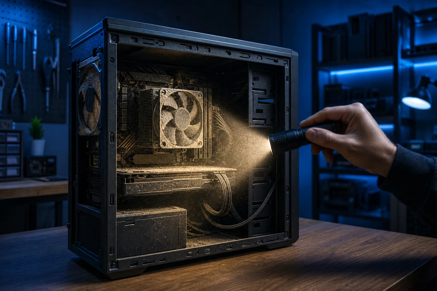 Mano sosteniendo una linterna que ilumina el interior de una PC muy obstruida por polvo, con ventiladores, disipador y cables visibles en un taller oscuro