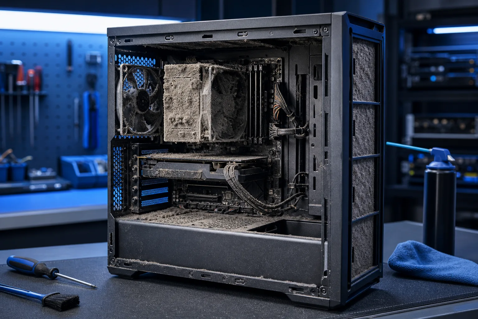 Heavily dust-clogged open PC tower on workbench showing packed CPU heatsink, fans, and vents; cleaning tools nearby.