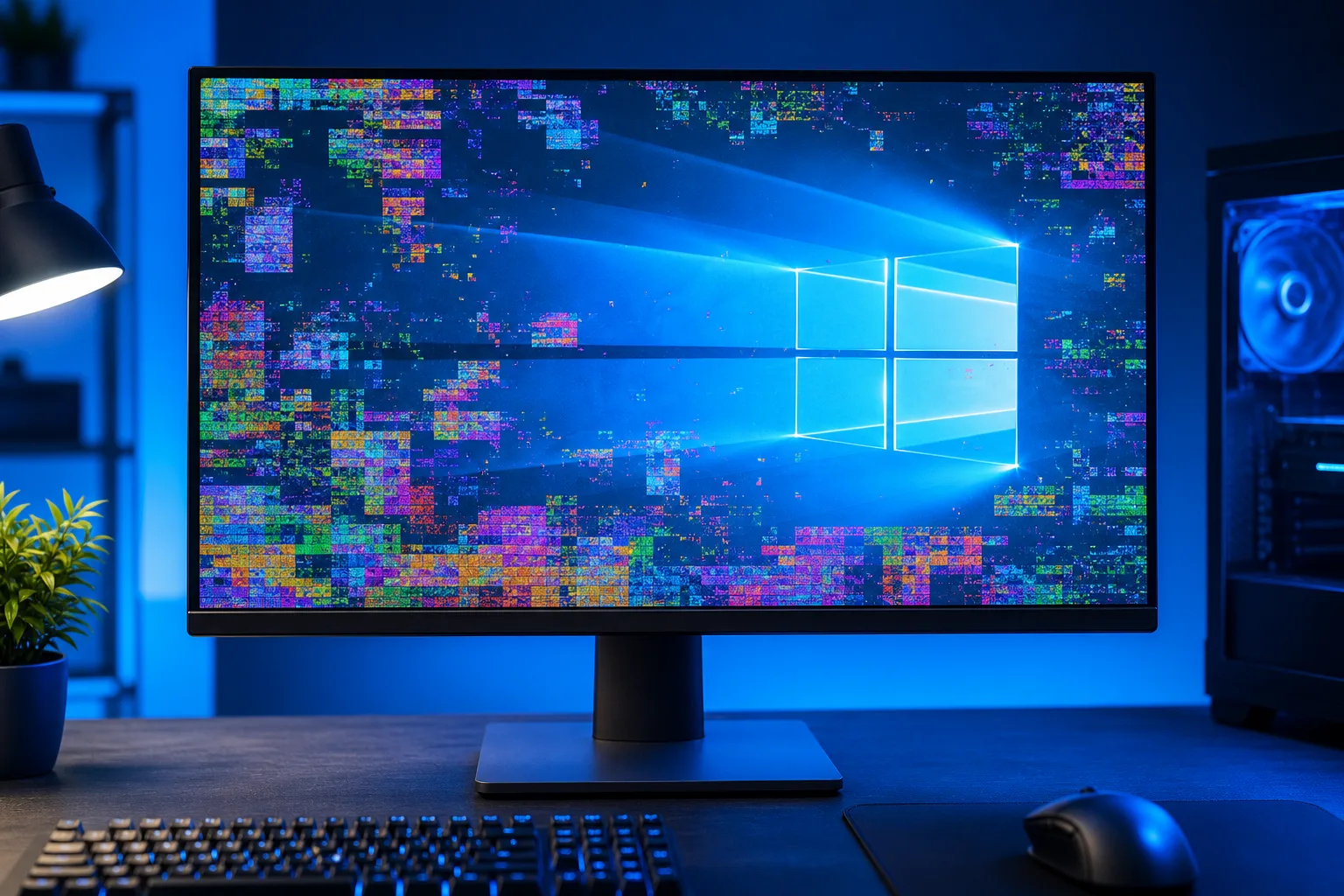 Monitor on dark desk showing Windows 10 wallpaper with vivid multicolored pixel artifact blocks across the screen.