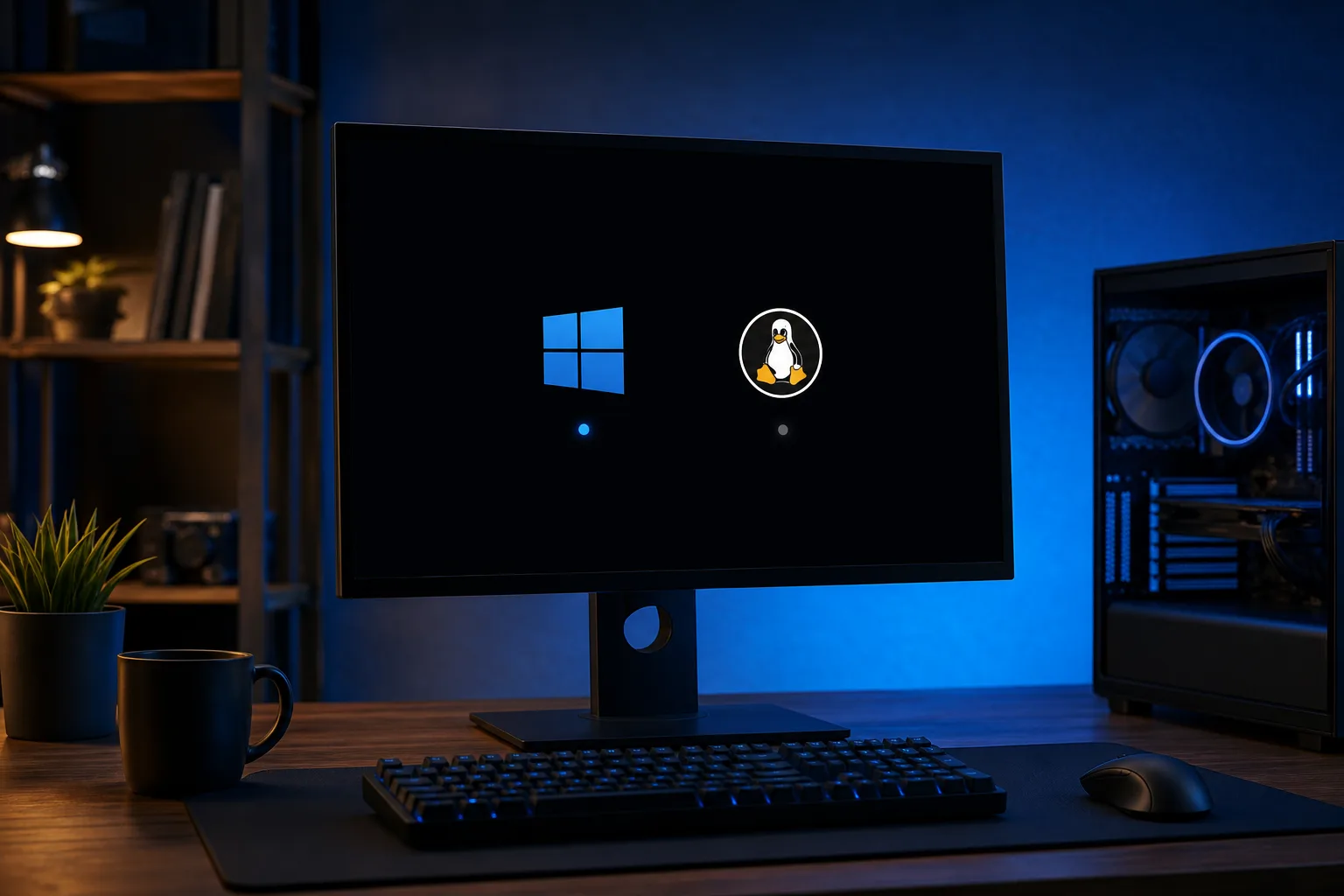 Dark desktop PC setup with monitor showing dual-boot screen: Windows logo and Linux Tux penguin options on black background.