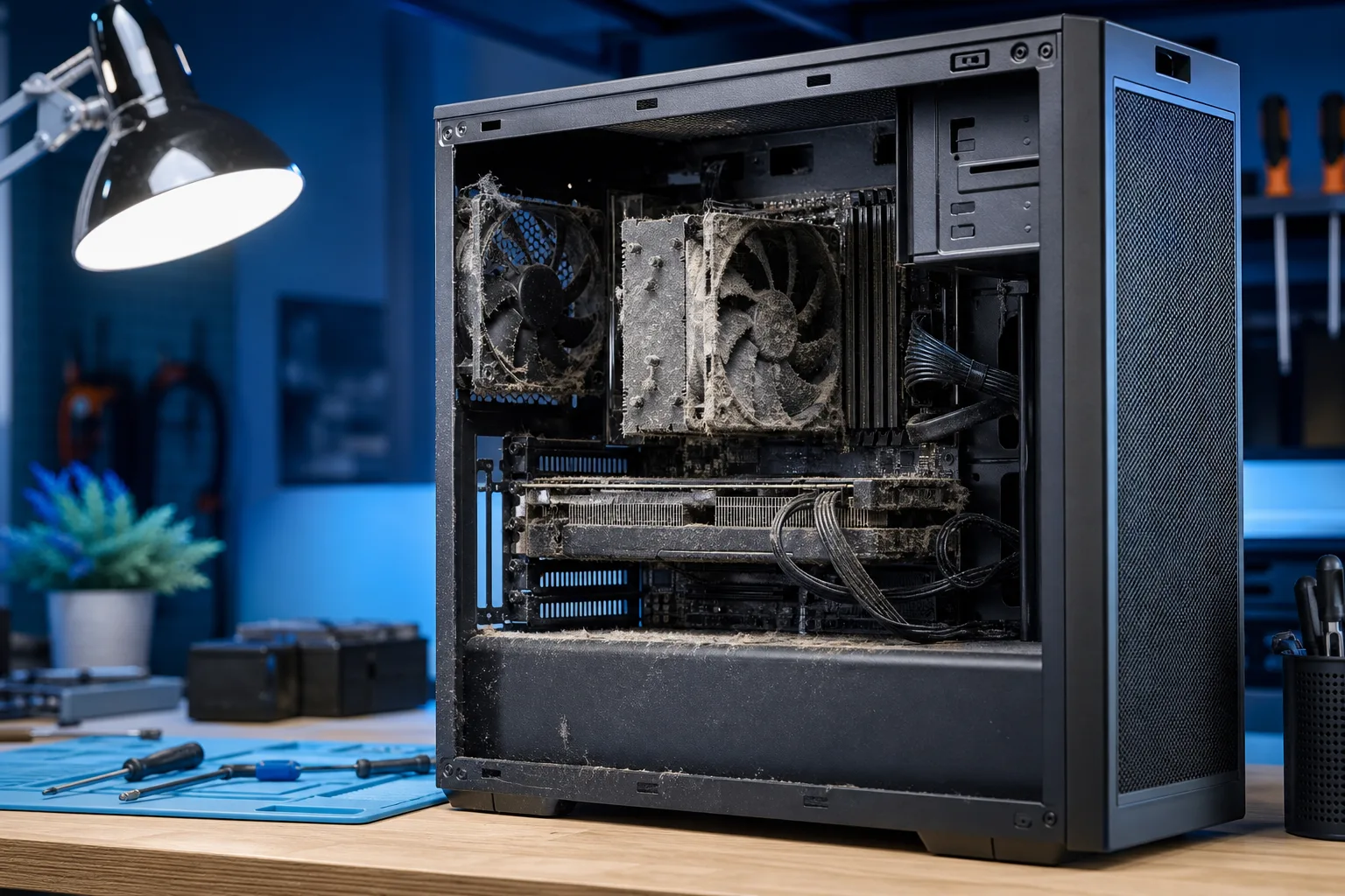 Torre de PC de escritorio abierta sobre una mesa de trabajo, con ventiladores del enfriador de la CPU y aletas del disipador obstruidos por mucho polvo, y destornilladores cerca.
