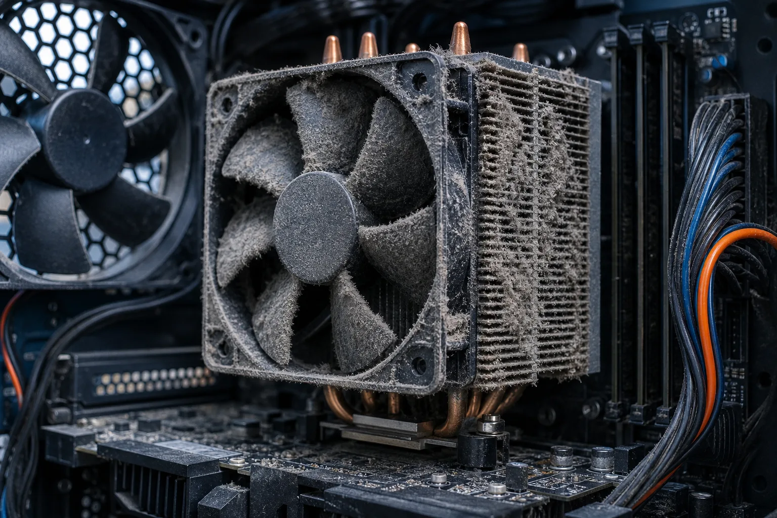 Disipador y ventilador de CPU muy obstruidos por polvo en una placa madre dentro del gabinete de una PC de escritorio, con una gruesa acumulación de pelusa gris.