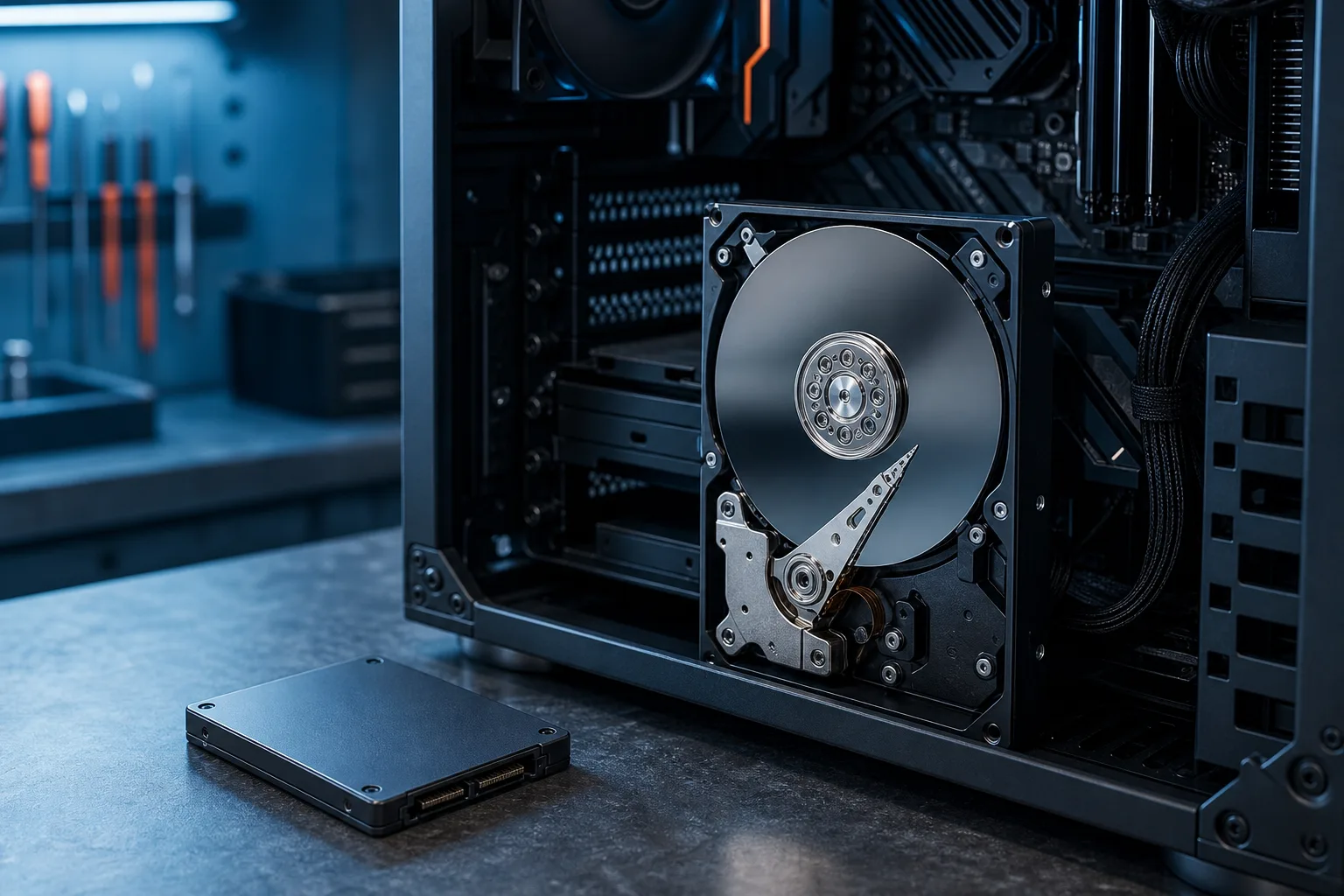 Gabinete de PC de escritorio abierto con un HDD expuesto que muestra los platos y el brazo de lectura y escritura; cerca hay un SSD de 2.5" sobre la superficie.