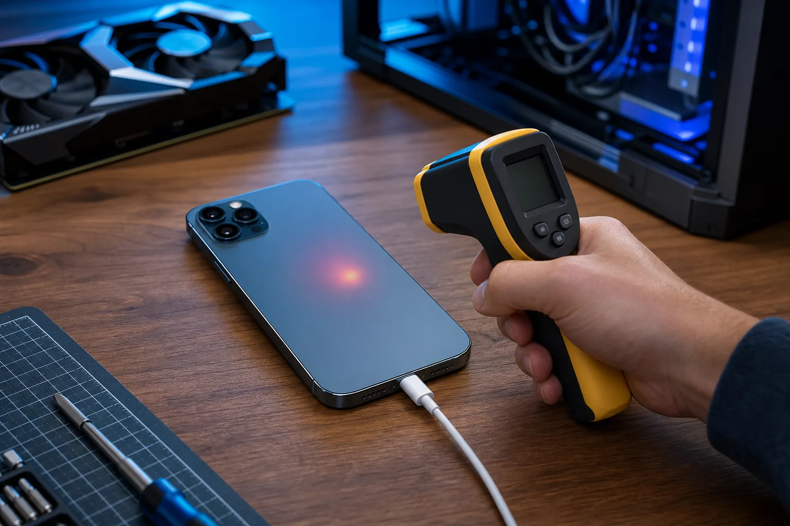 Mano apuntando un termómetro infrarrojo hacia un iPhone azul sobre un escritorio de madera, con un punto láser rojo visible y una GPU y una caja de PC al fondo.