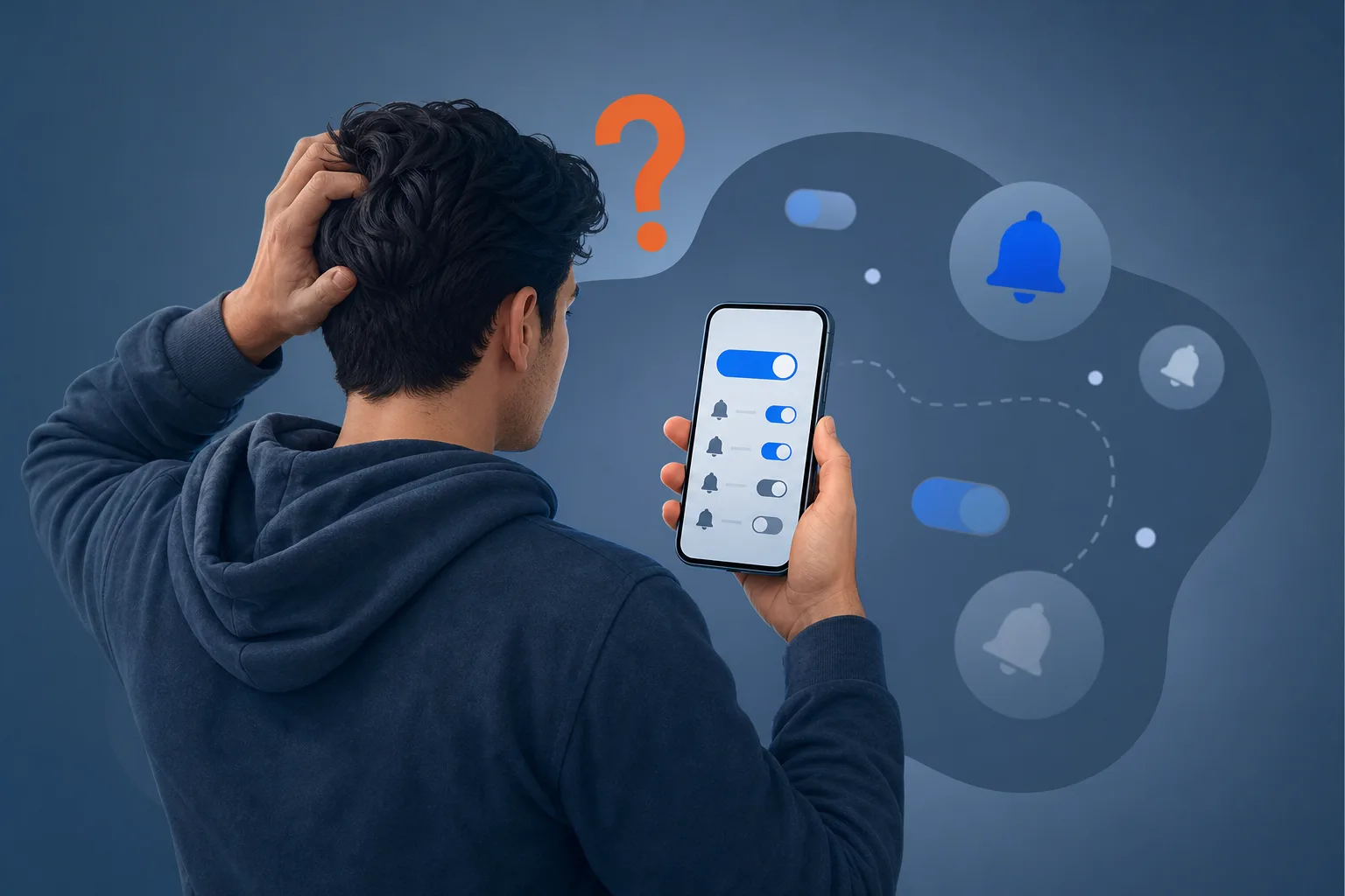 Man in blue hoodie scratching head while holding phone showing notification toggles, with bell icons and question mark overlay